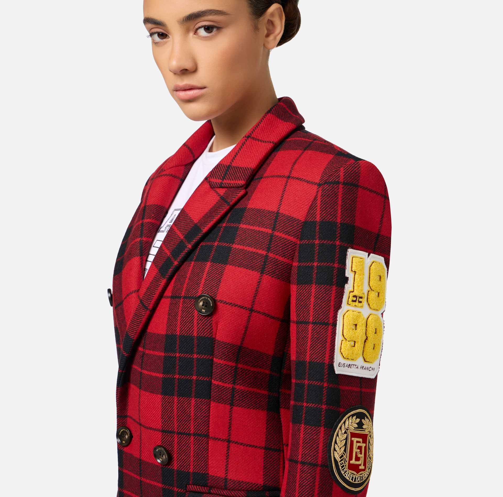 Wool blend double-breasted coat with patch | Elisabetta Franchi® Outlet