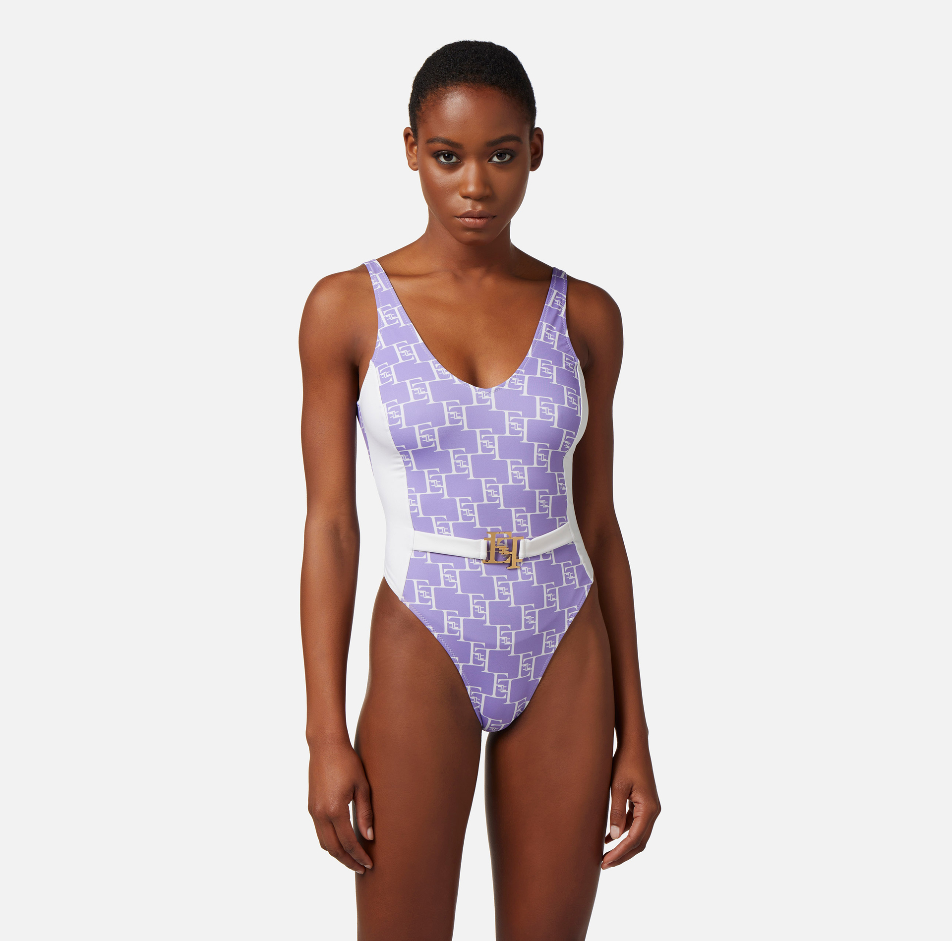 Logo print Lycra one-piece swimsuit with waistband - Elisabetta Franchi® Outlet