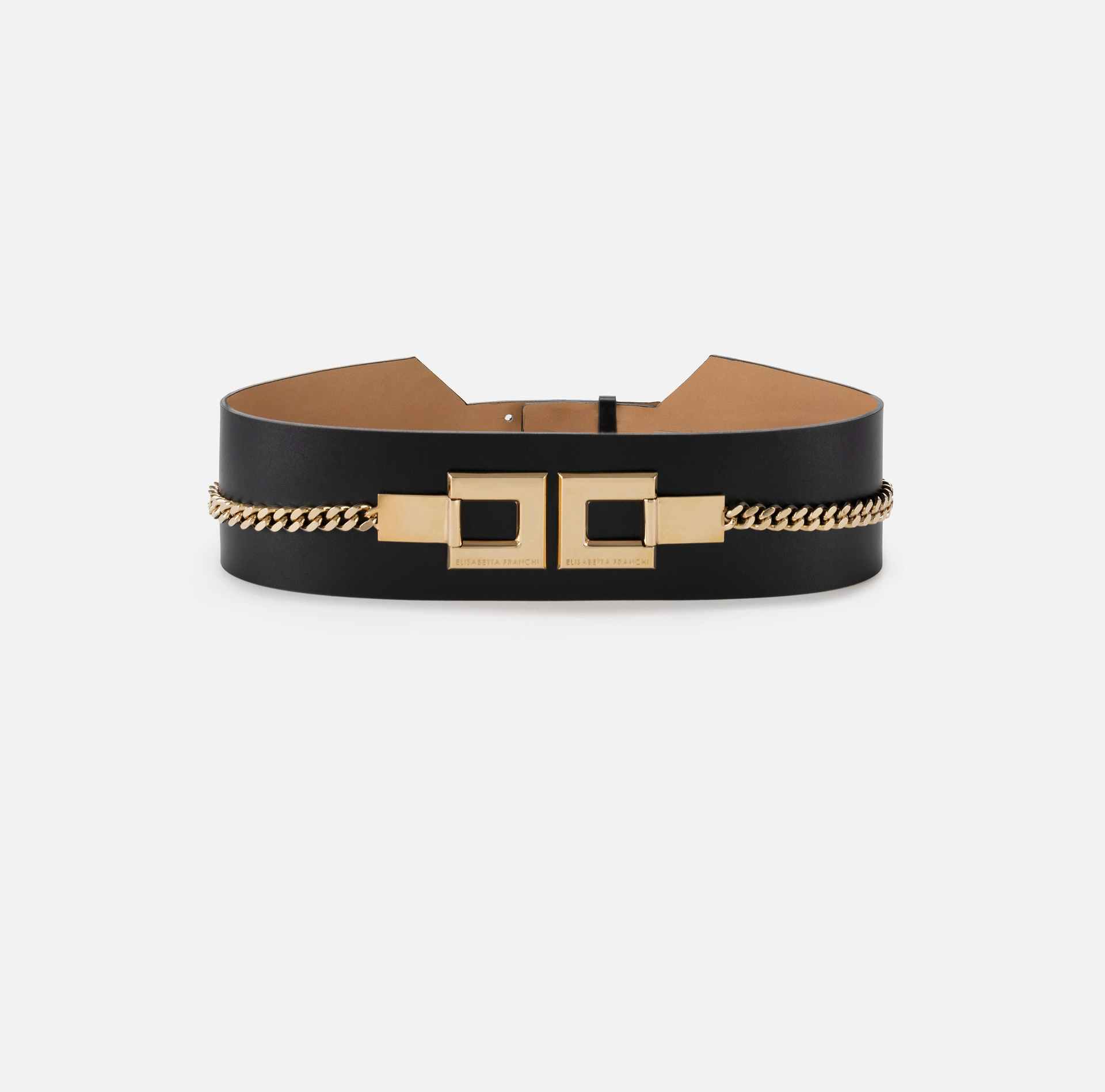 Wide faux leather belt with logo and chain - Elisabetta Franchi® Outlet