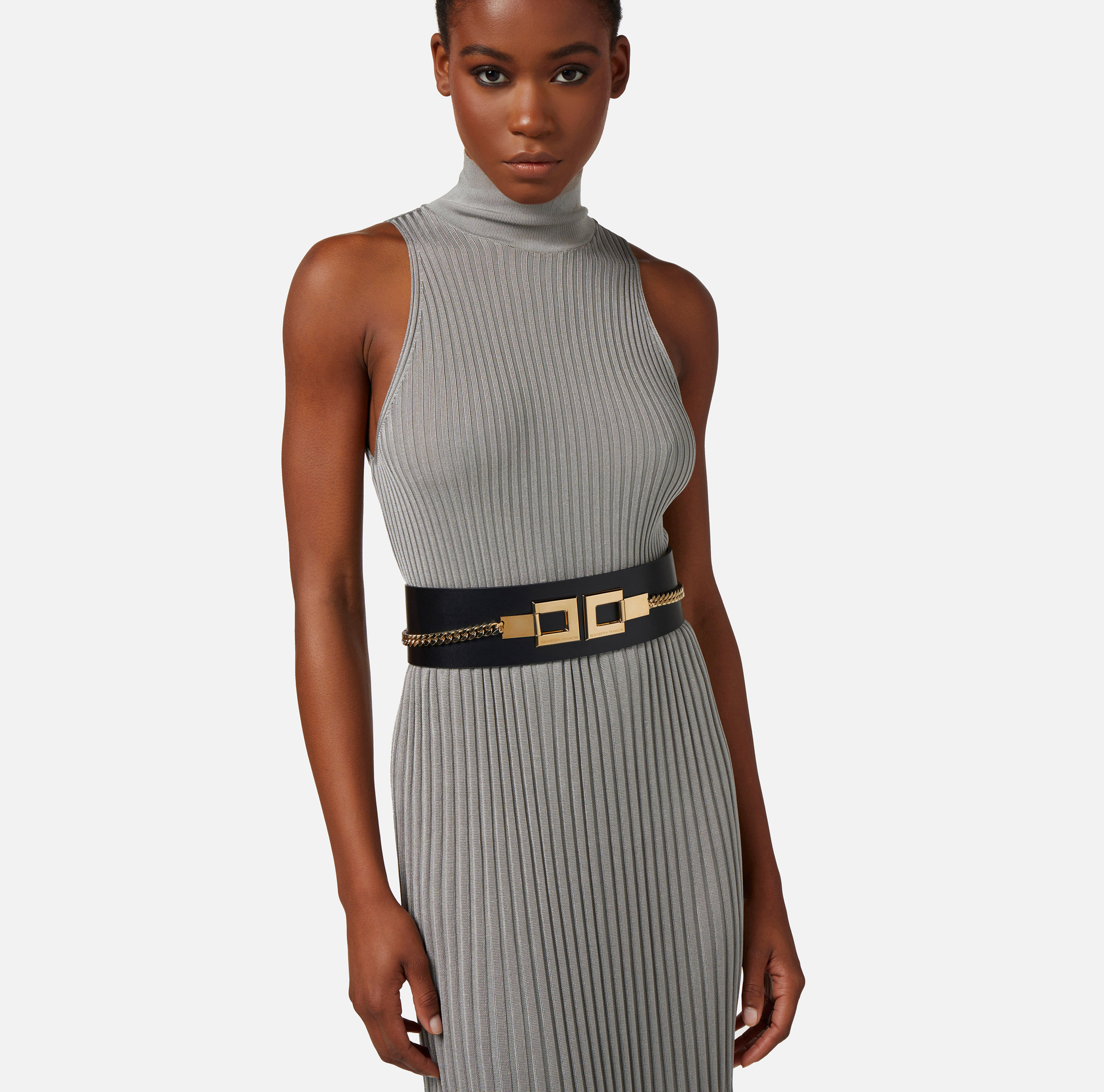 Wide faux leather belt with logo and chain - Elisabetta Franchi® Outlet