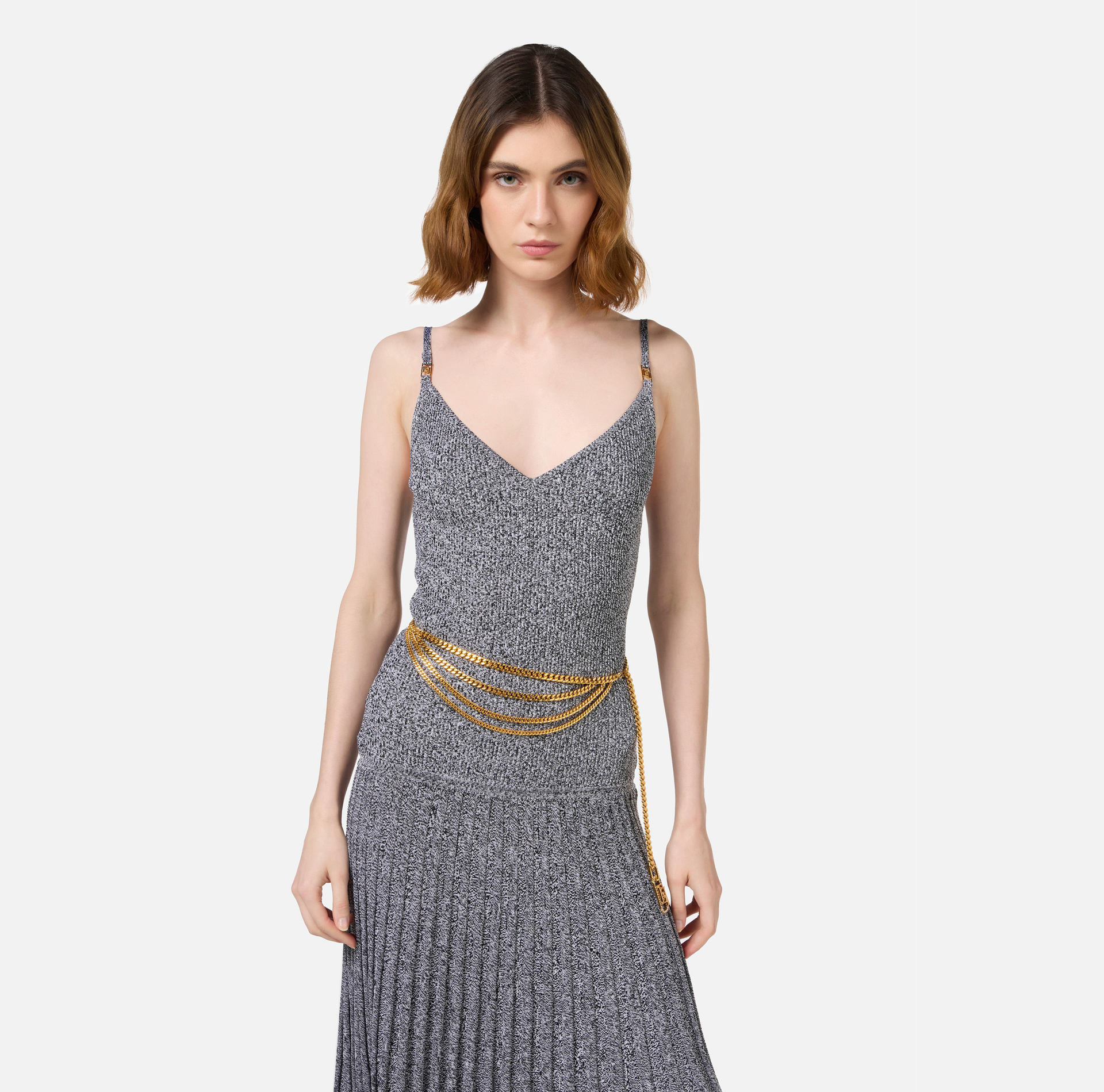 Golden metal chain belt with rhinestone tip | Elisabetta Franchi® Outlet