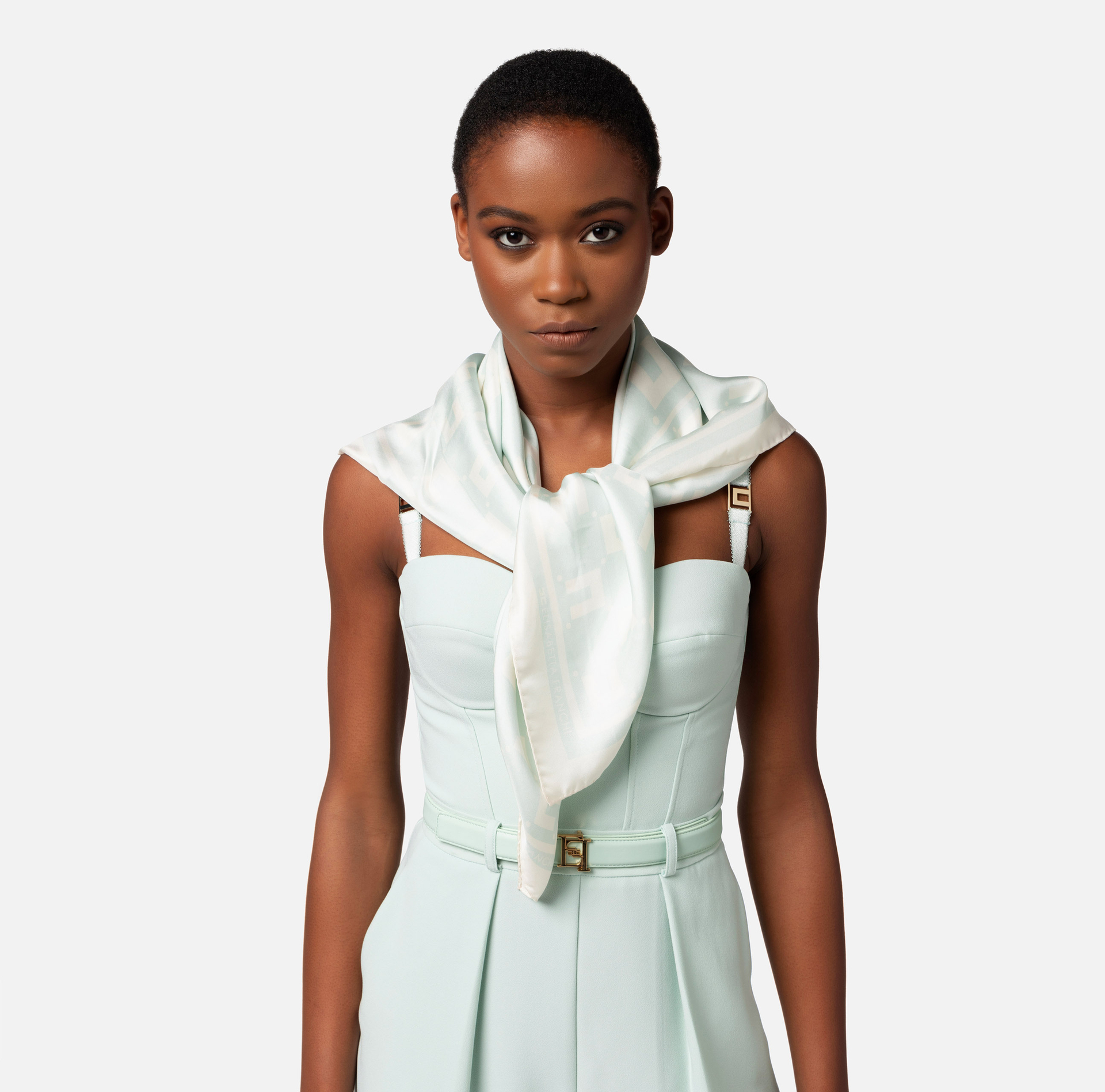 Medium foulard scarf in silk twill with double C logo print - Elisabetta Franchi® Outlet