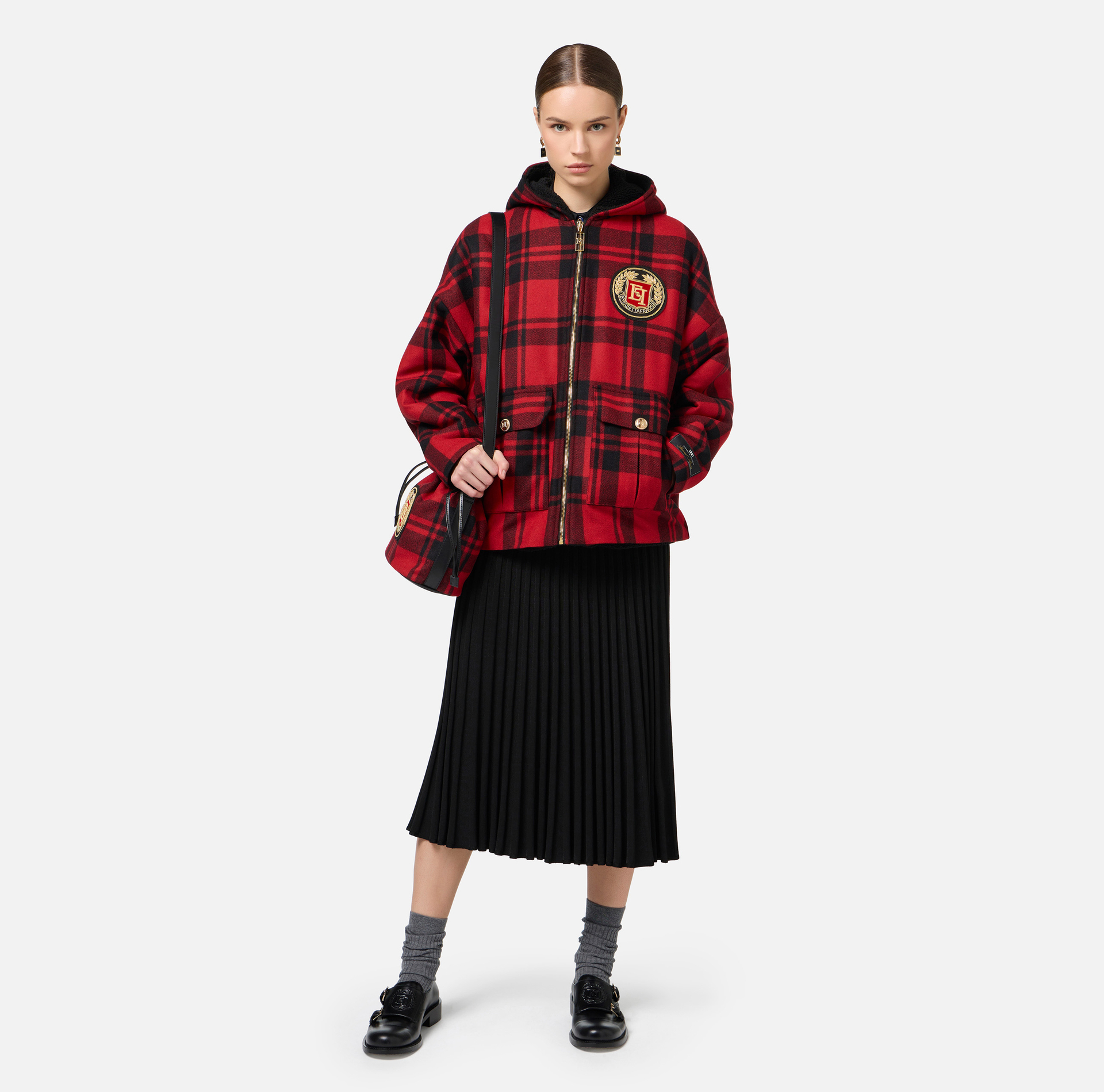 Wool tartan padded jacket with hood and embroidered patch | Elisabetta Franchi® Outlet