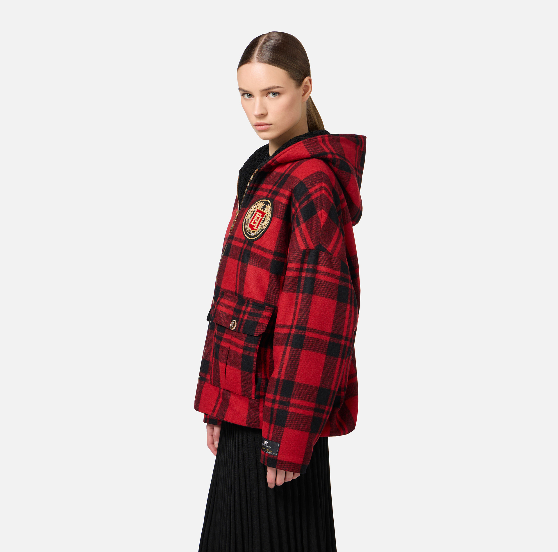 Wool tartan padded jacket with hood and embroidered patch | Elisabetta Franchi® Outlet