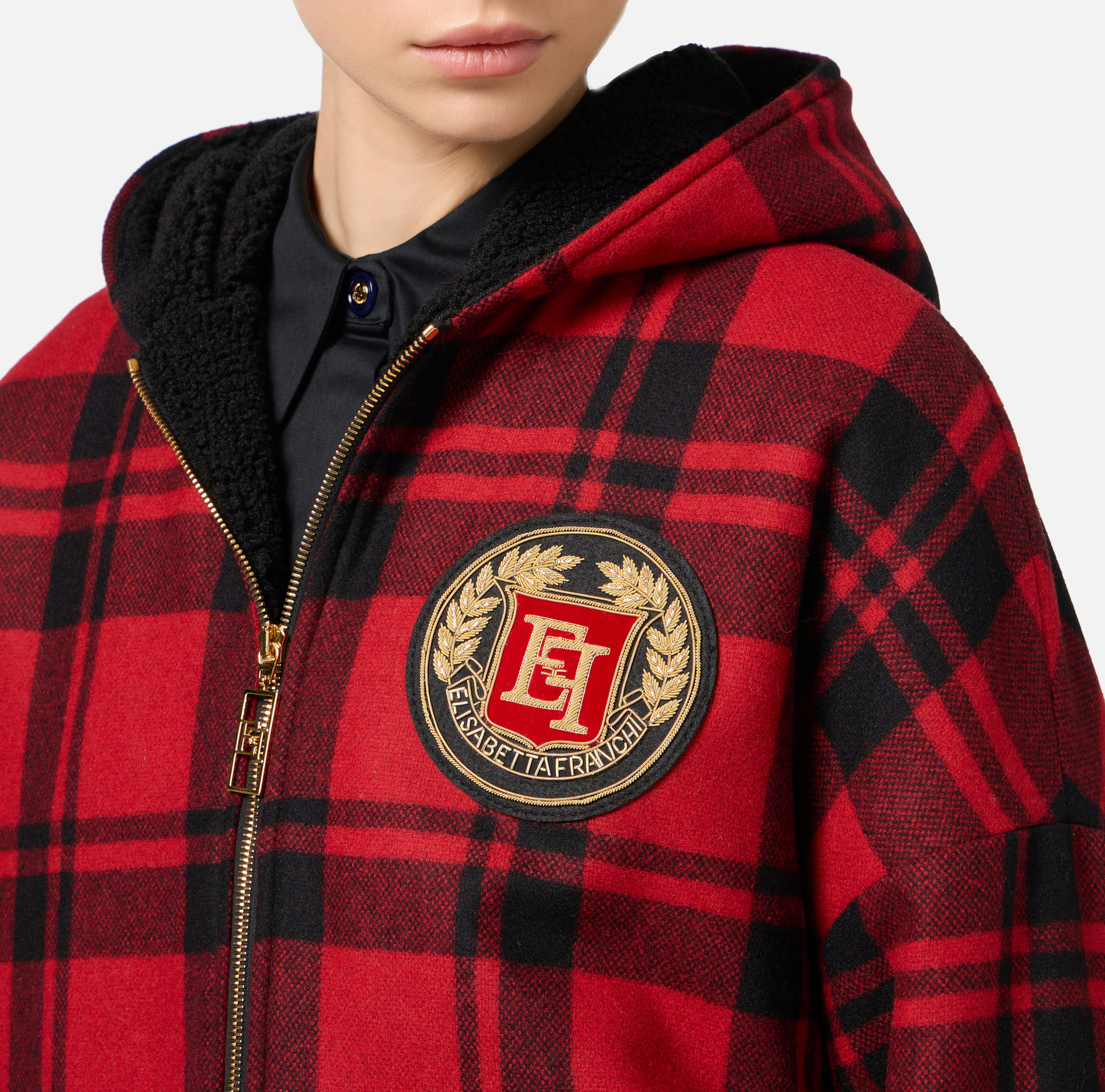 Wool tartan padded jacket with hood and embroidered patch | Elisabetta Franchi® Outlet