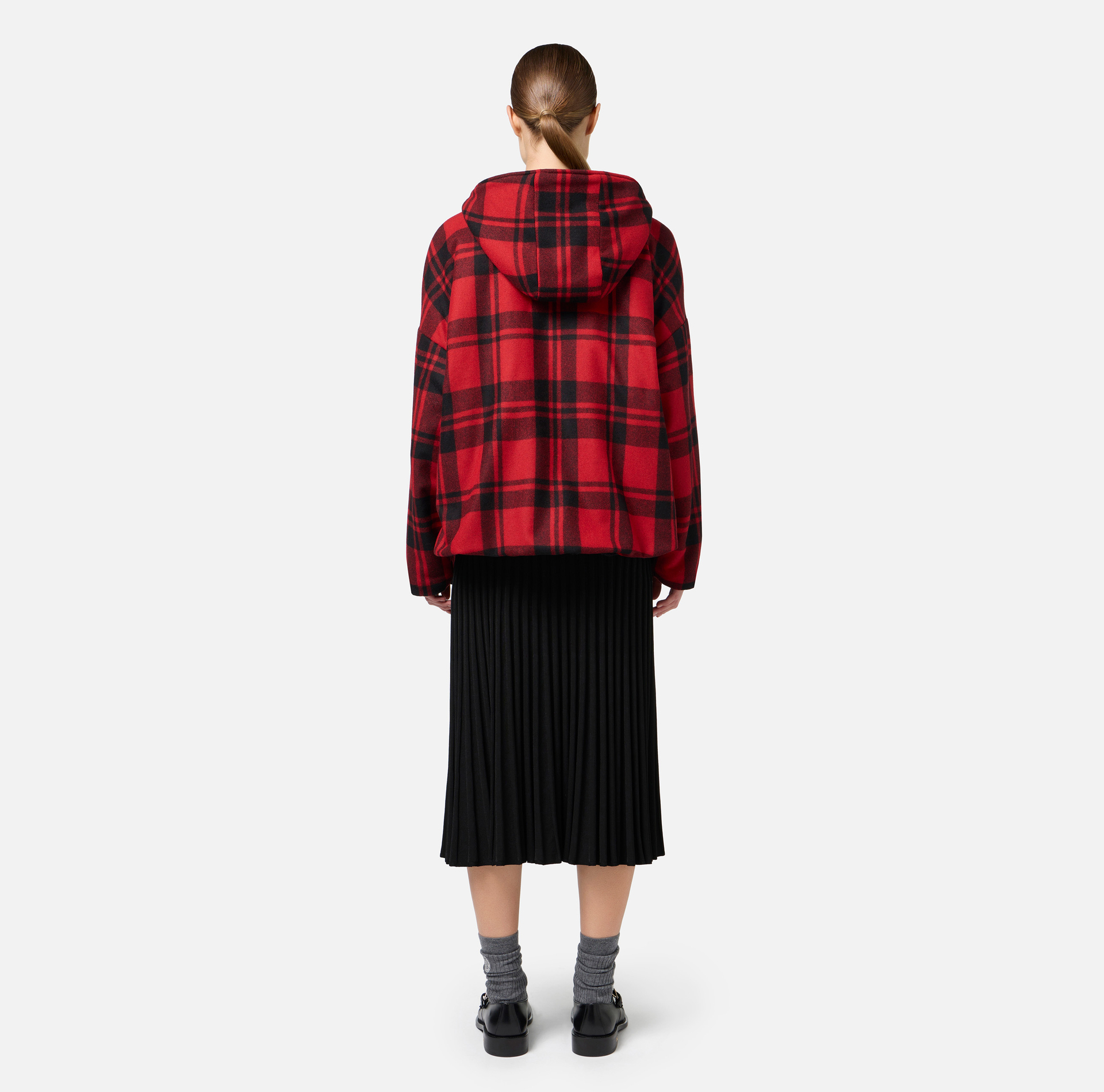 Wool tartan padded jacket with hood and embroidered patch | Elisabetta Franchi® Outlet