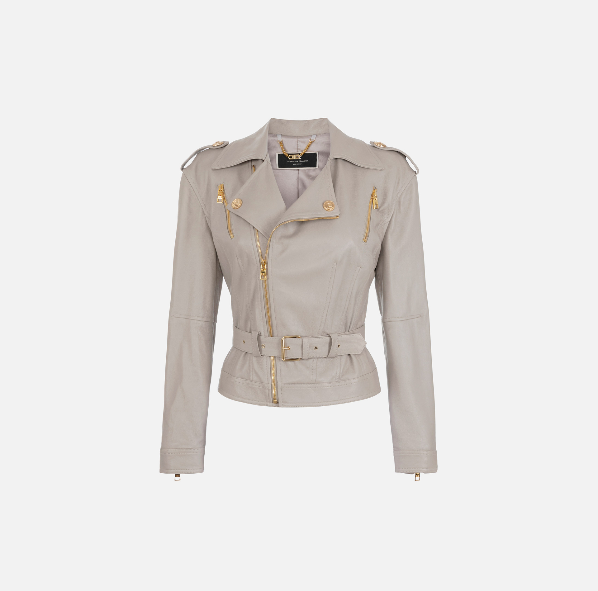 Leather biker jacket with belt - Elisabetta Franchi® Outlet