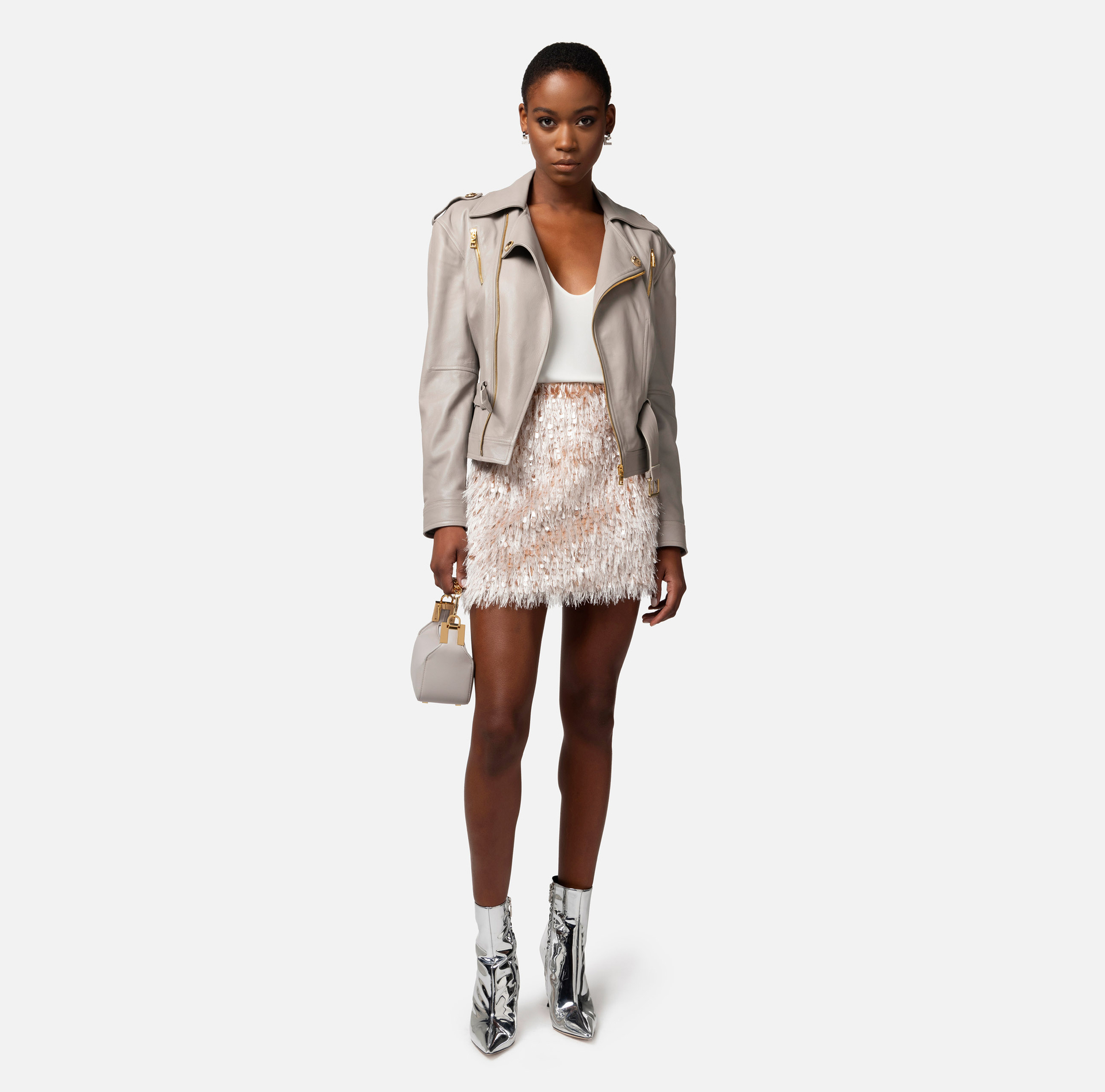 Leather biker jacket with belt - Elisabetta Franchi® Outlet