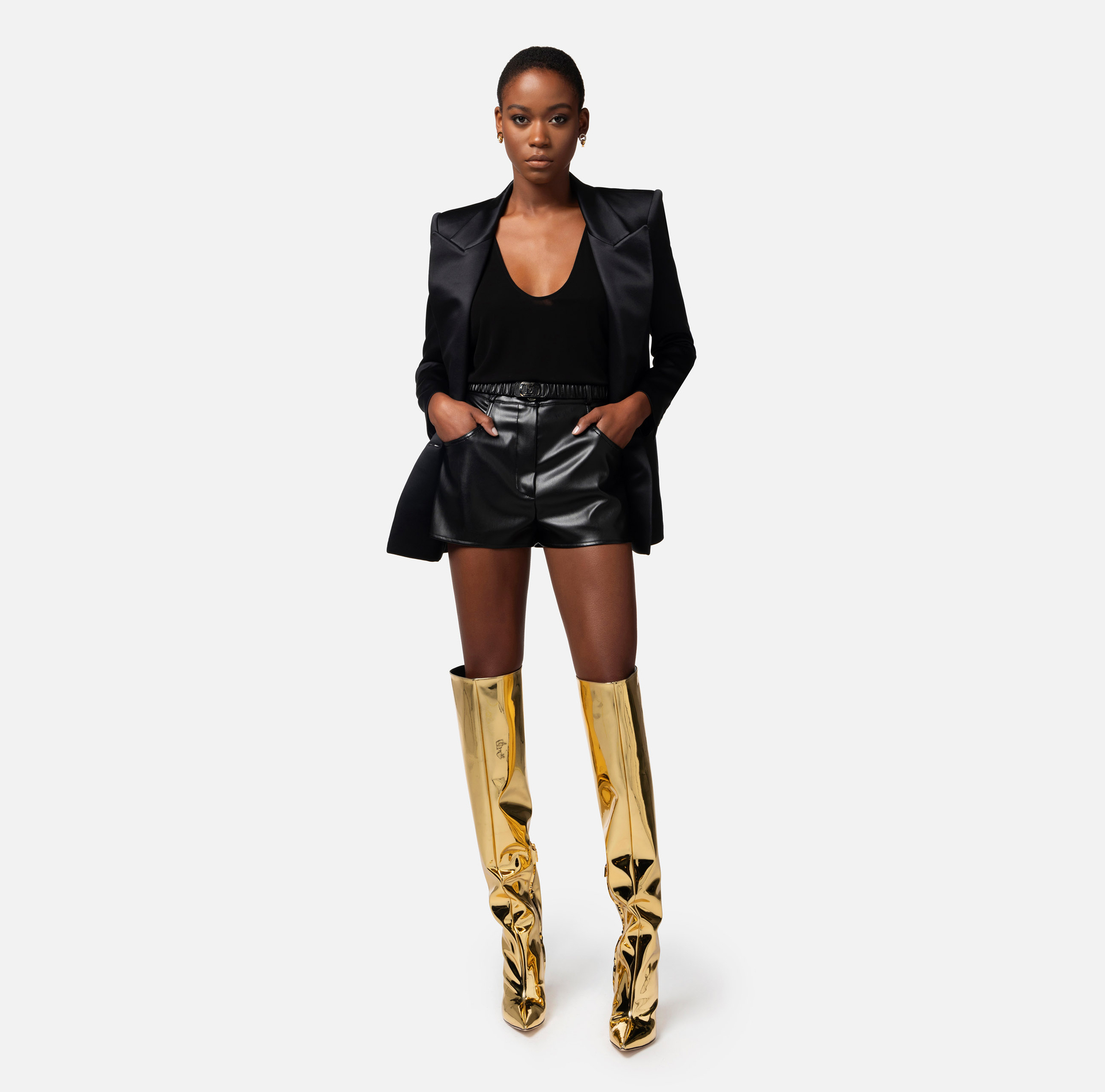 Double-breasted jacket in shiny satin crêpe - Elisabetta Franchi® Outlet