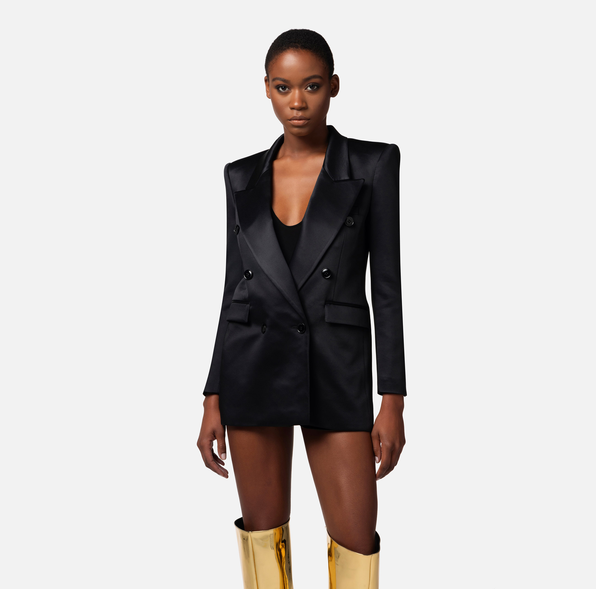 Double-breasted jacket in shiny satin crêpe - Elisabetta Franchi® Outlet