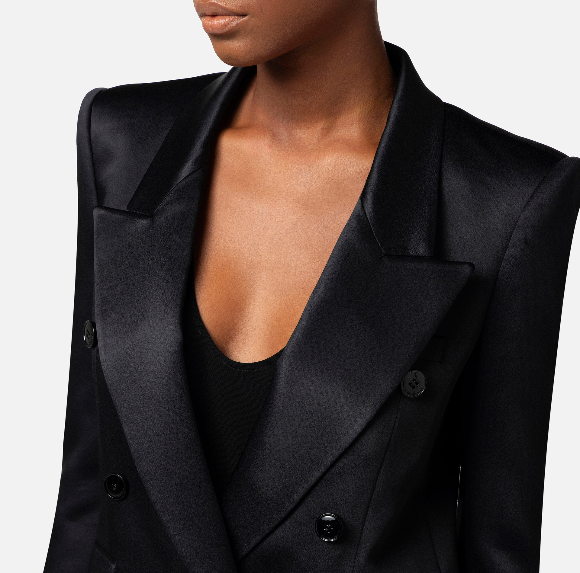 Double-breasted jacket in shiny satin crêpe - Elisabetta Franchi® Outlet