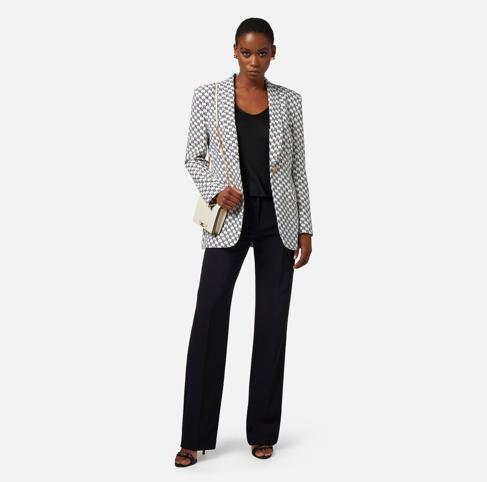 Giacca in crêpe stampa logo con rever sciallato - Elisabetta Franchi® Outlet