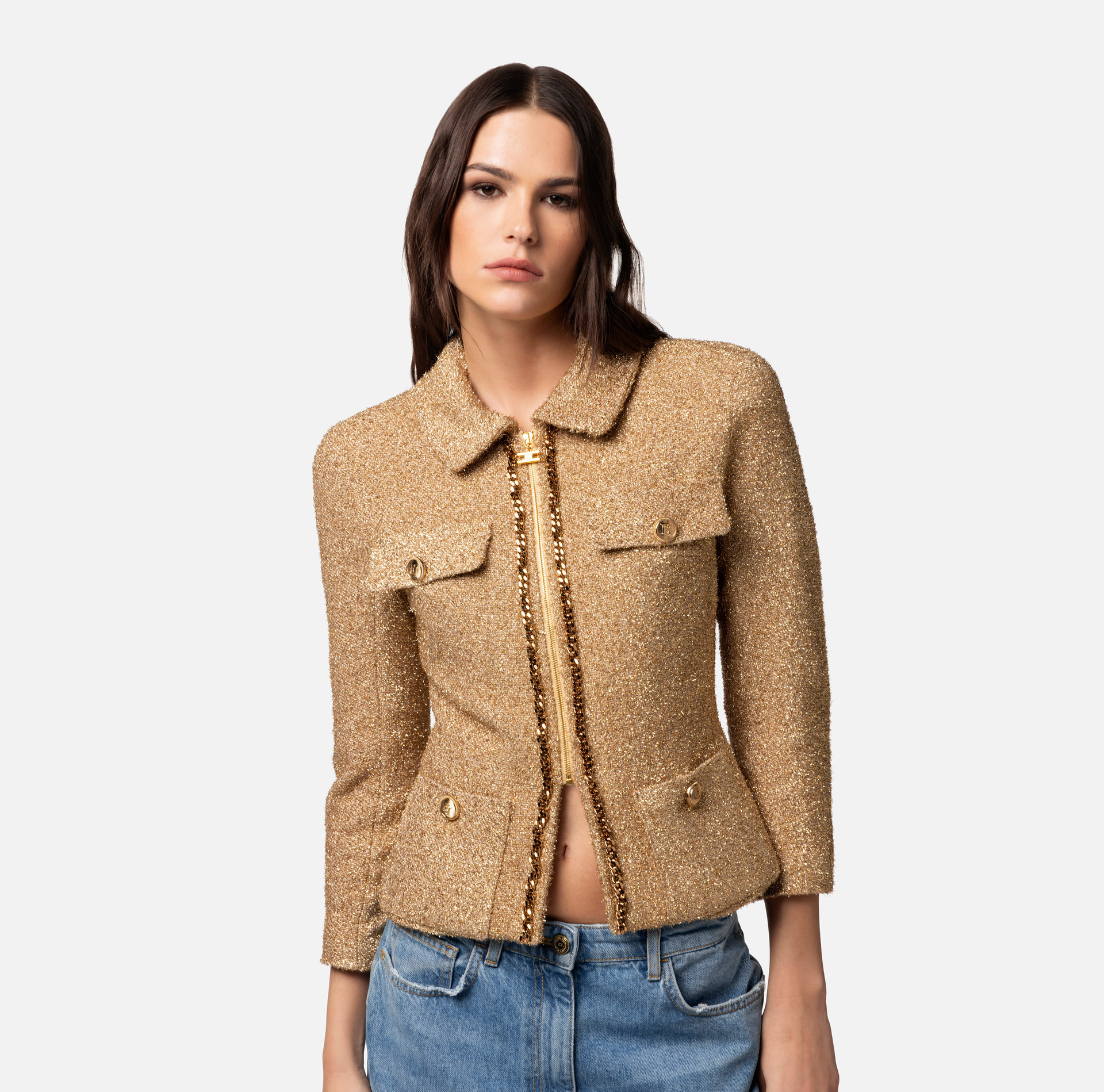 Lurex tweed cropped jacket with chain - Elisabetta Franchi® Outlet