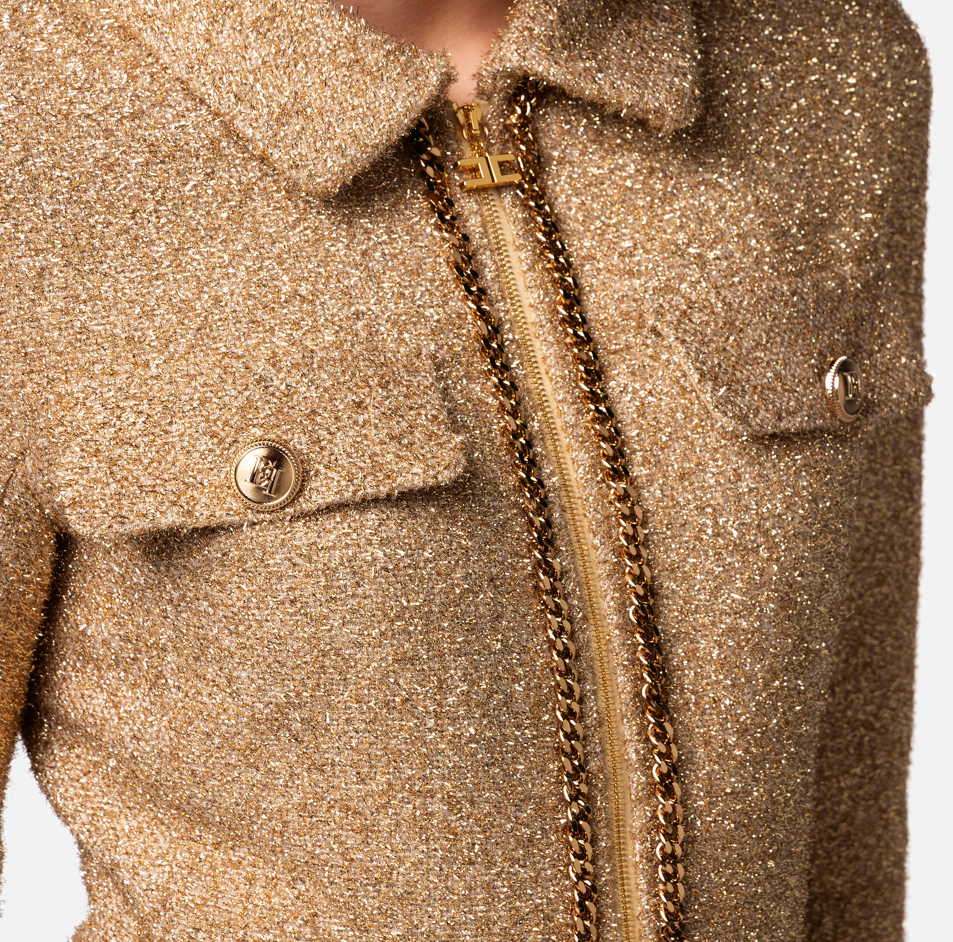 Lurex tweed cropped jacket with chain - Elisabetta Franchi® Outlet