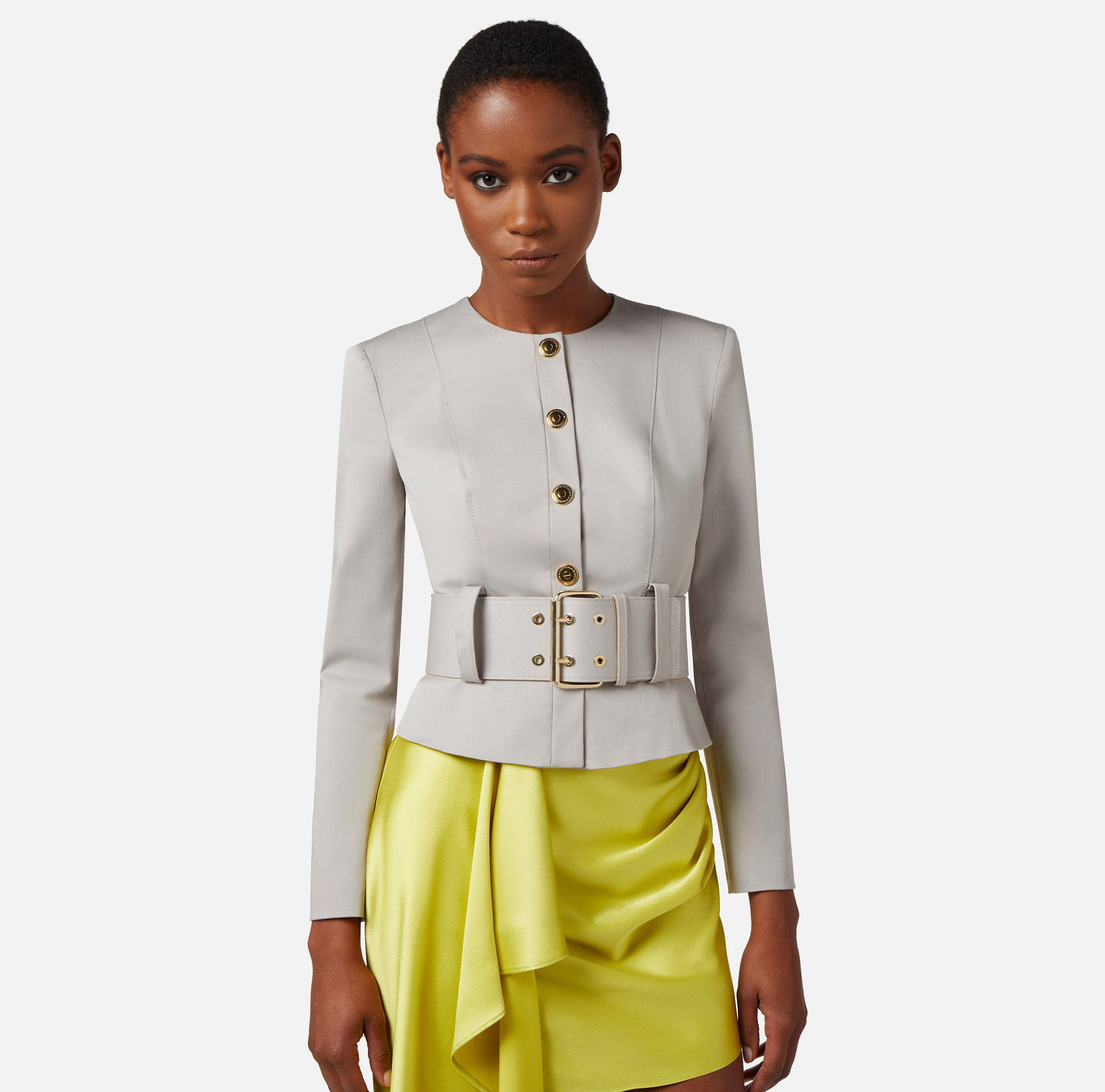 Cotton stretch jacket with belt - Elisabetta Franchi® Outlet