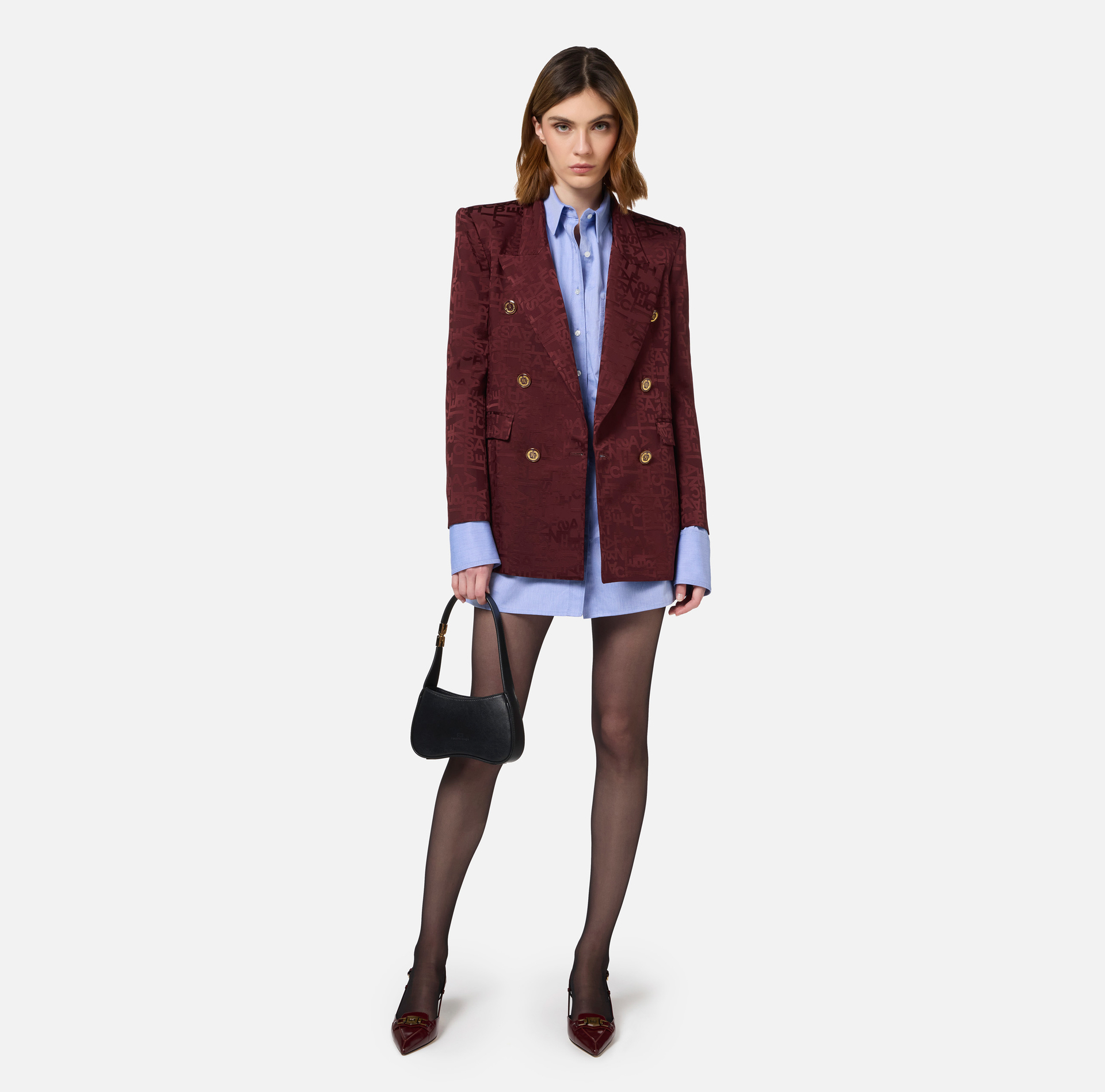 Jacquard crêpe double-breasted jacket with lettering - Elisabetta Franchi® Outlet