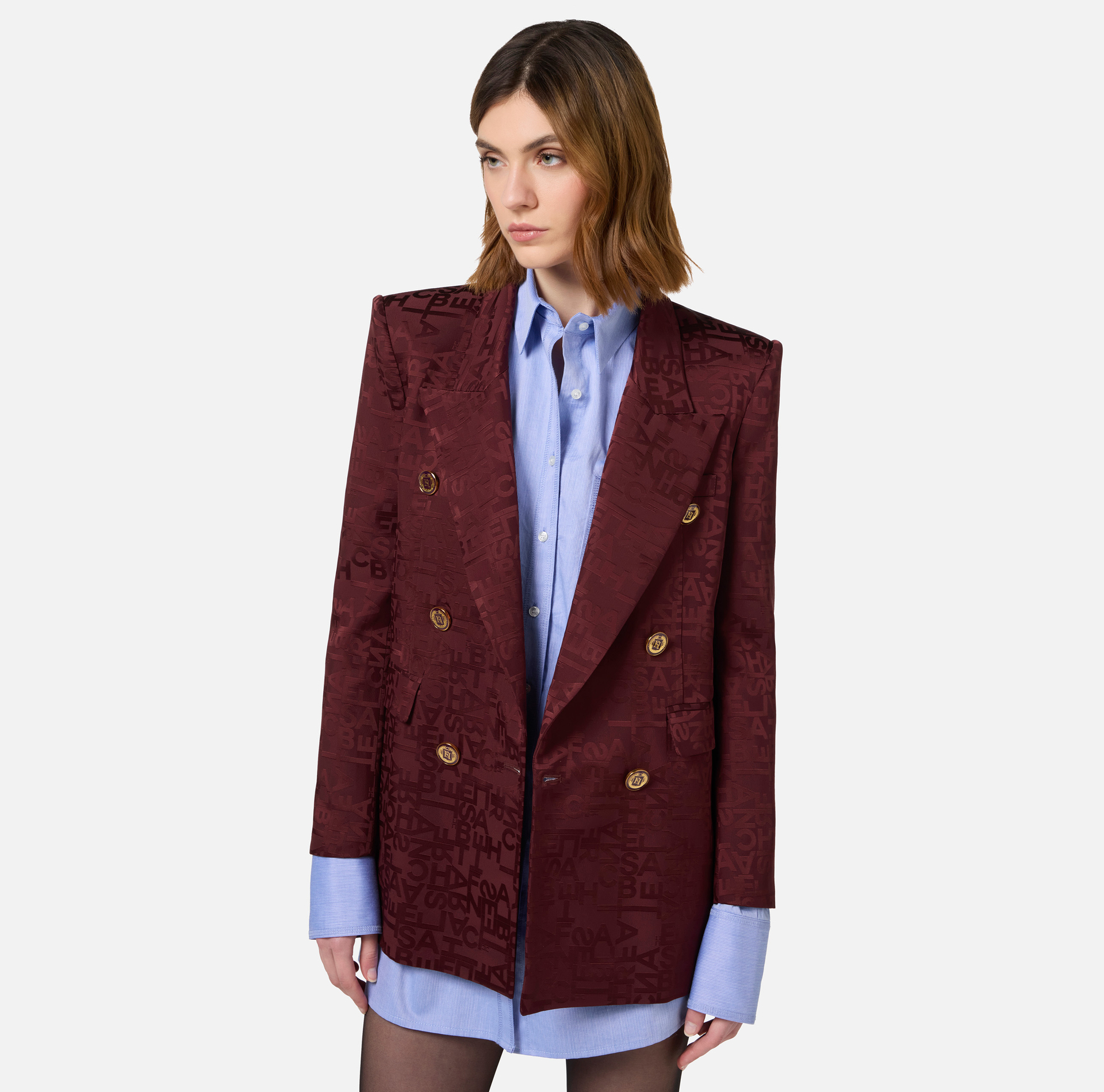 Jacquard crêpe double-breasted jacket with lettering - Elisabetta Franchi® Outlet