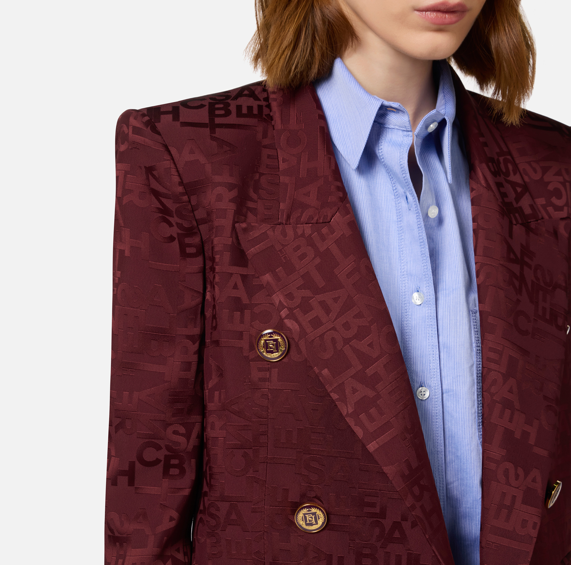 Jacquard crêpe double-breasted jacket with lettering - Elisabetta Franchi® Outlet