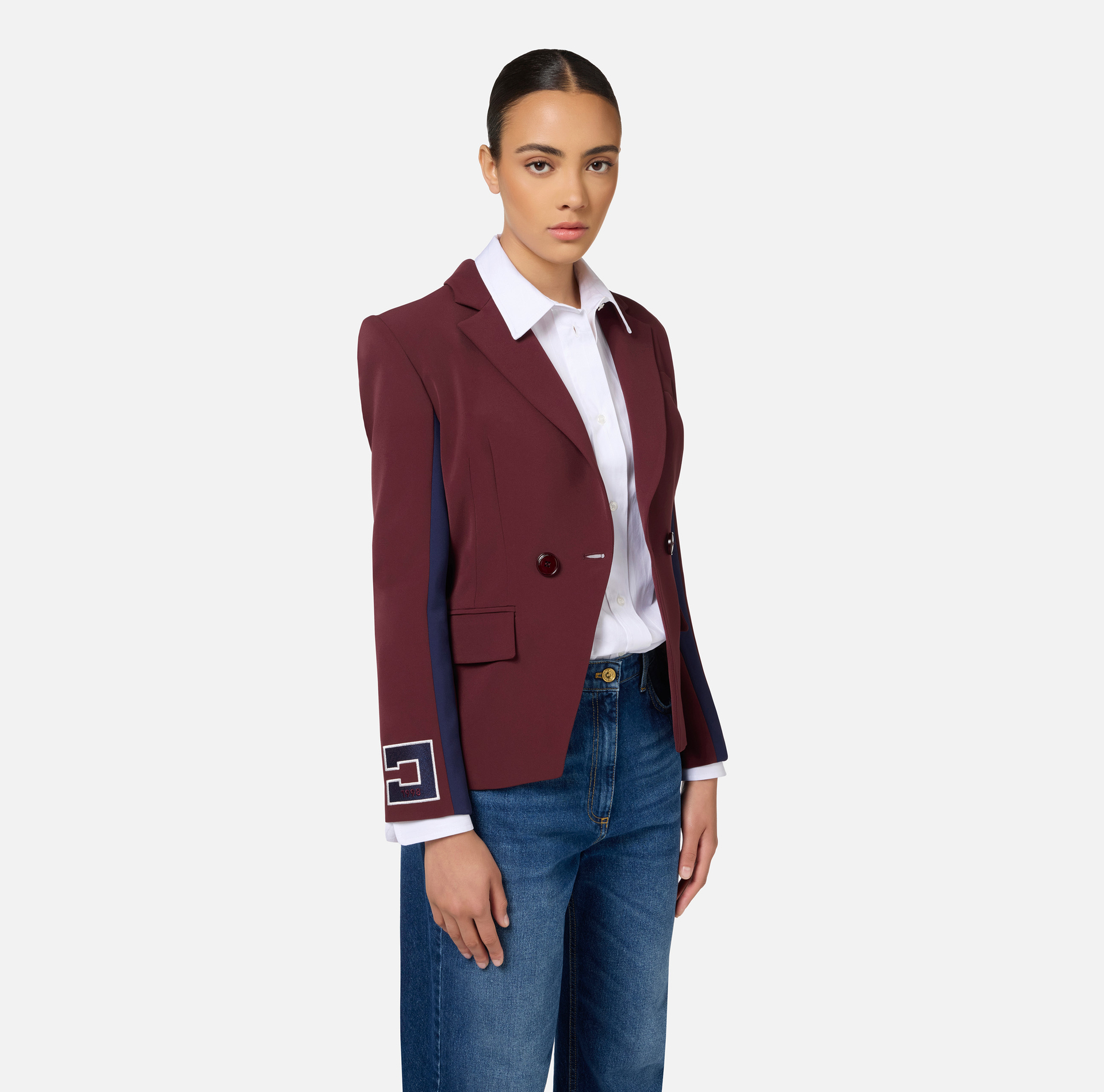 Stretch crêpe jacket with bands and logo embroidery | Elisabetta Franchi® Outlet