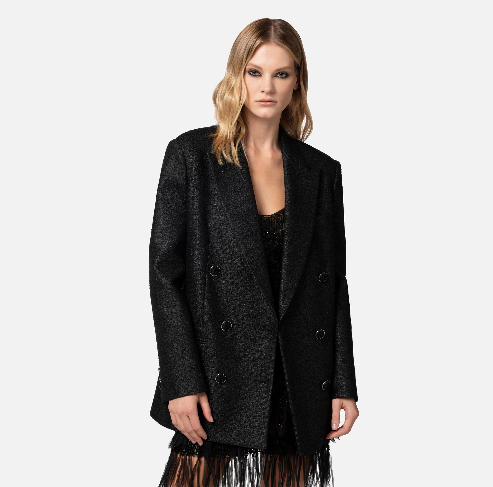 Laminated tweed double-breasted jacket - Elisabetta Franchi® Outlet