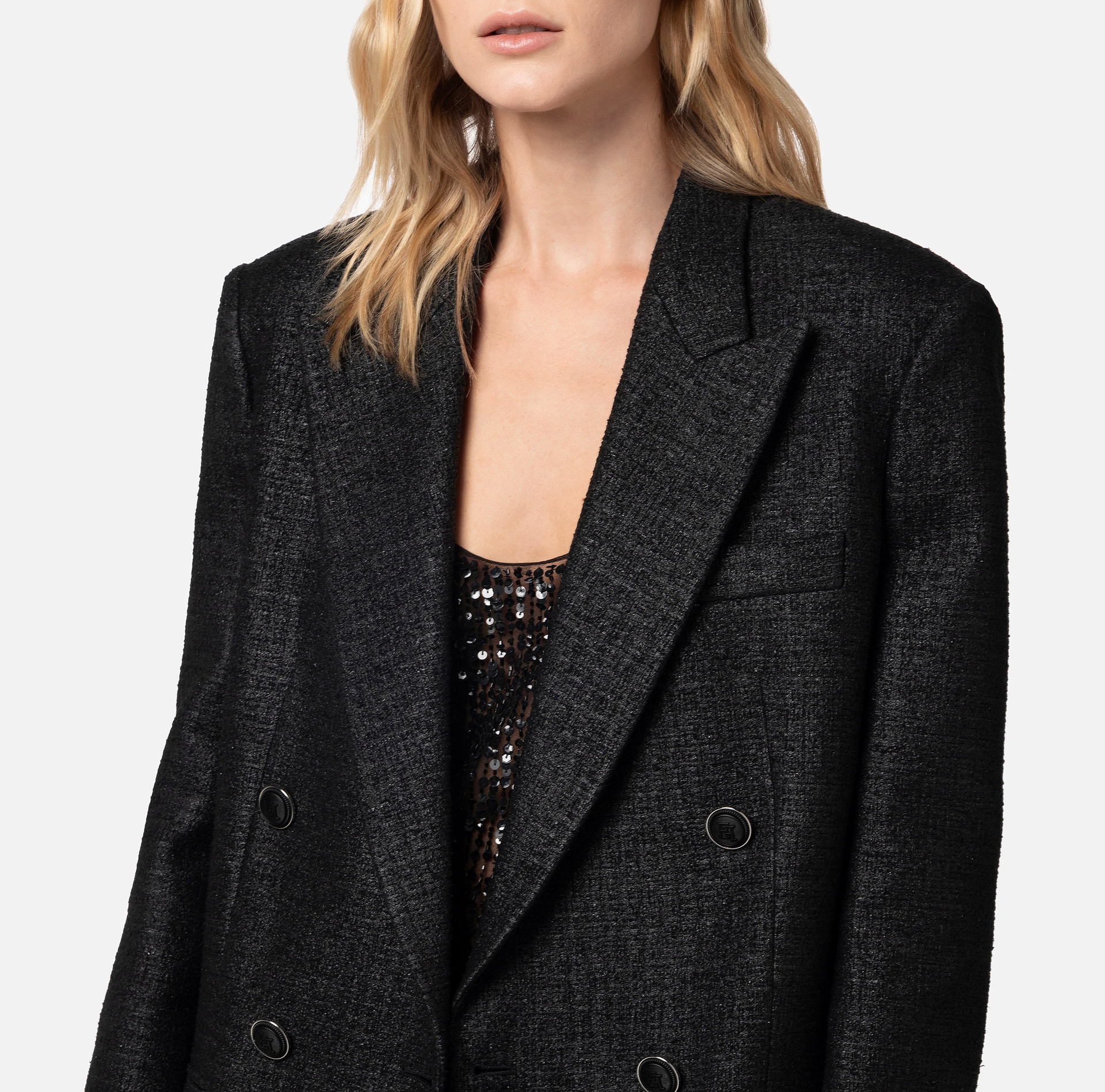 Laminated tweed double-breasted jacket - Elisabetta Franchi® Outlet