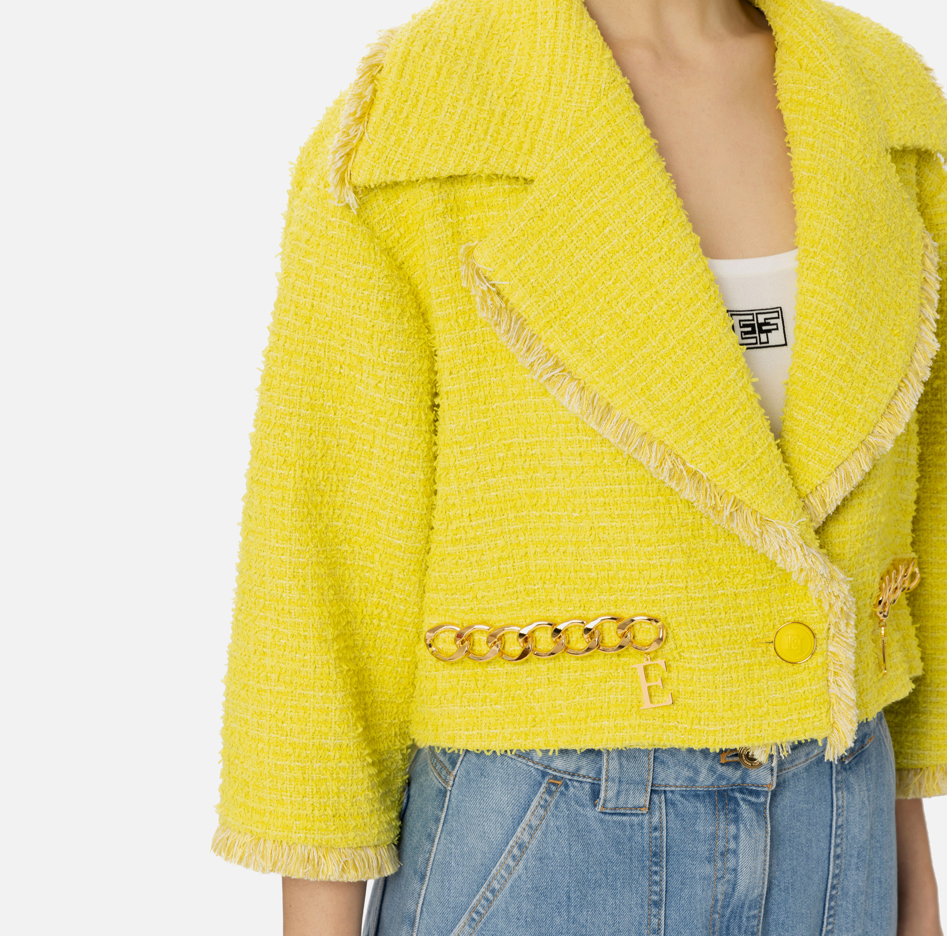 Tweed cropped jacket with chain - Elisabetta Franchi® Outlet