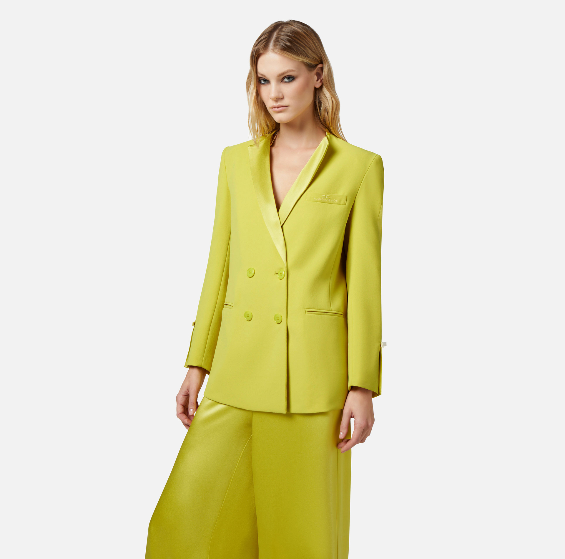 Crêpe double-breasted jacket with satin lapels - Elisabetta Franchi® Outlet