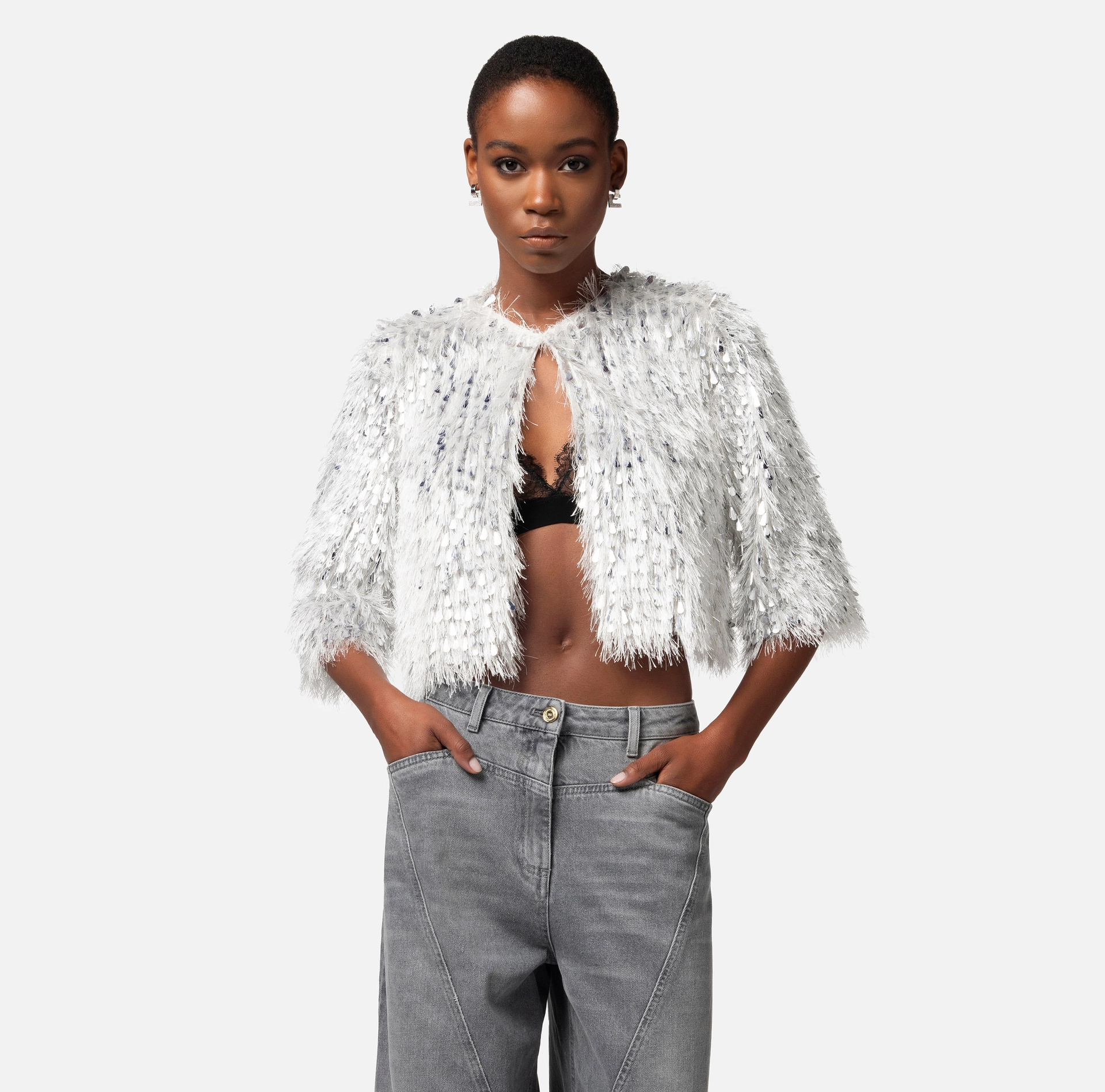 Cropped jacket in frayed organza - Elisabetta Franchi® Outlet