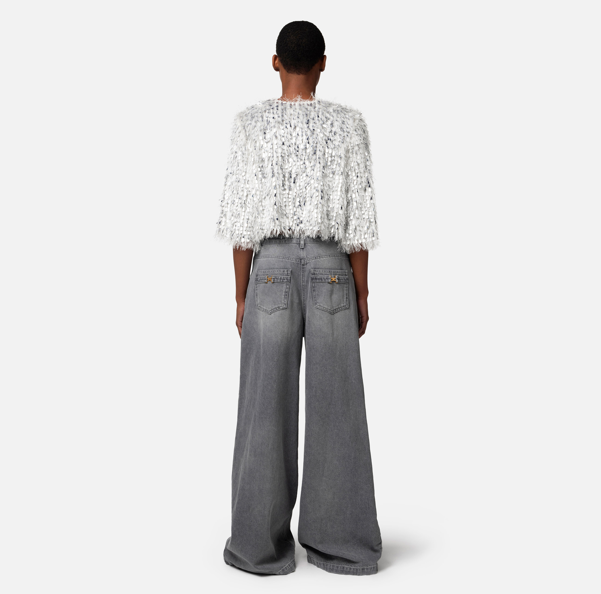 Cropped jacket in frayed organza - Elisabetta Franchi® Outlet