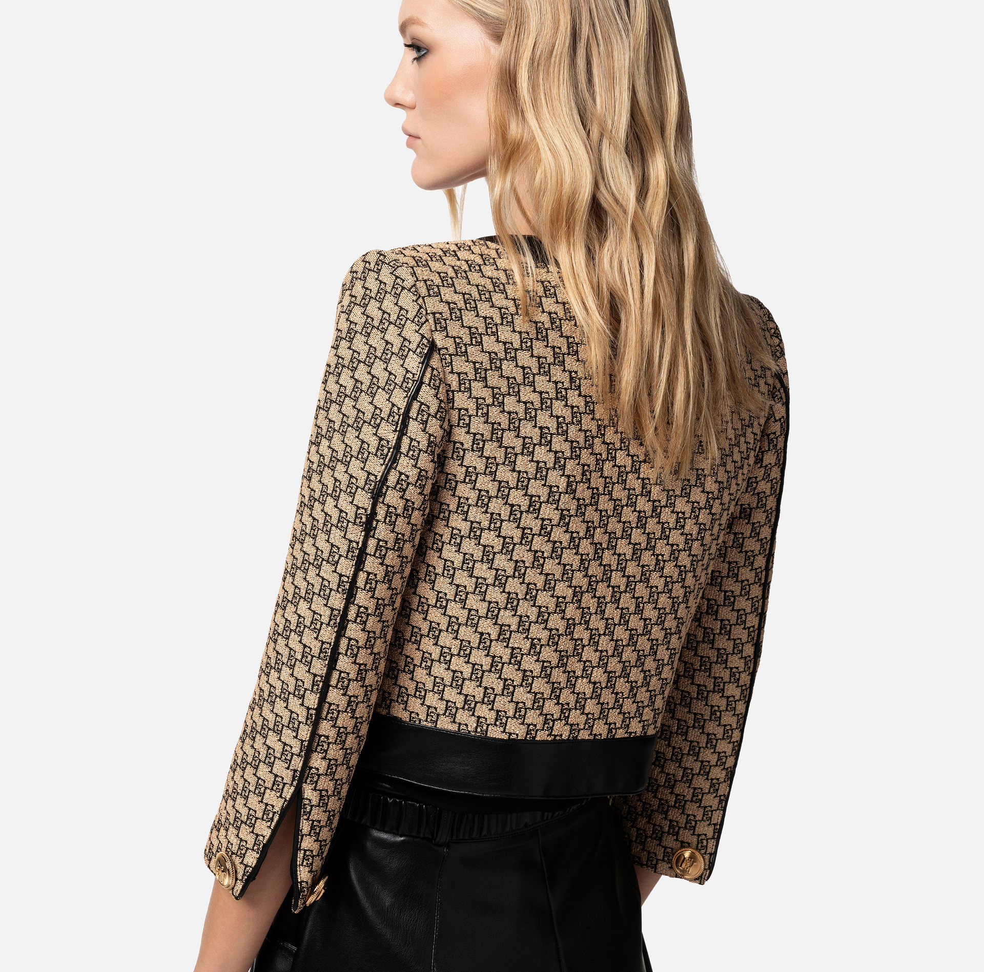 Cropped jacket in jacquard raffia - Elisabetta Franchi® Outlet