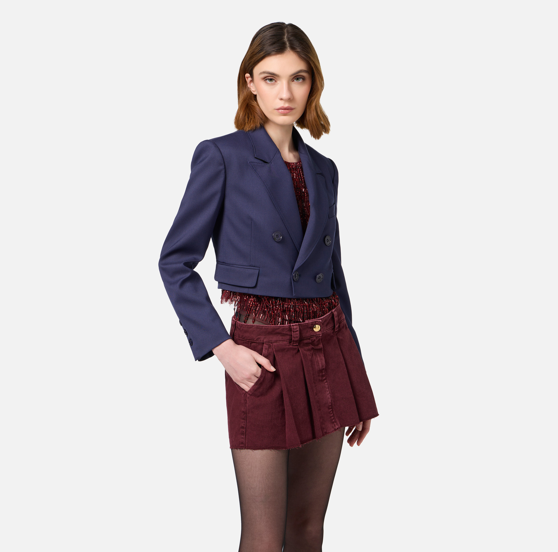Zweireiher-Jacke im Cropped-Design aus leichter Wolle | Elisabetta Franchi® Outlet