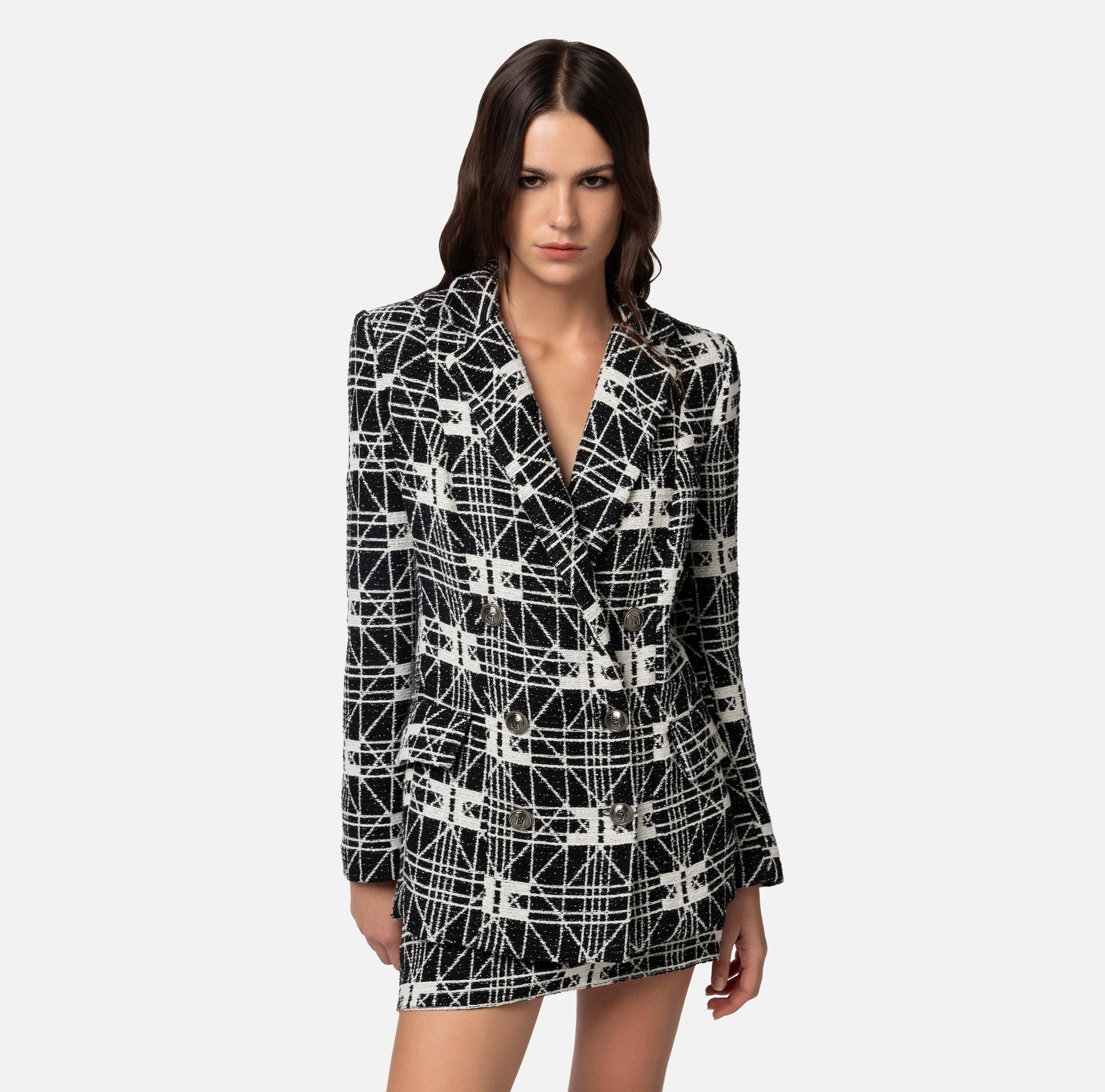 Jacquard tweed double-breasted jacket - Elisabetta Franchi® Outlet