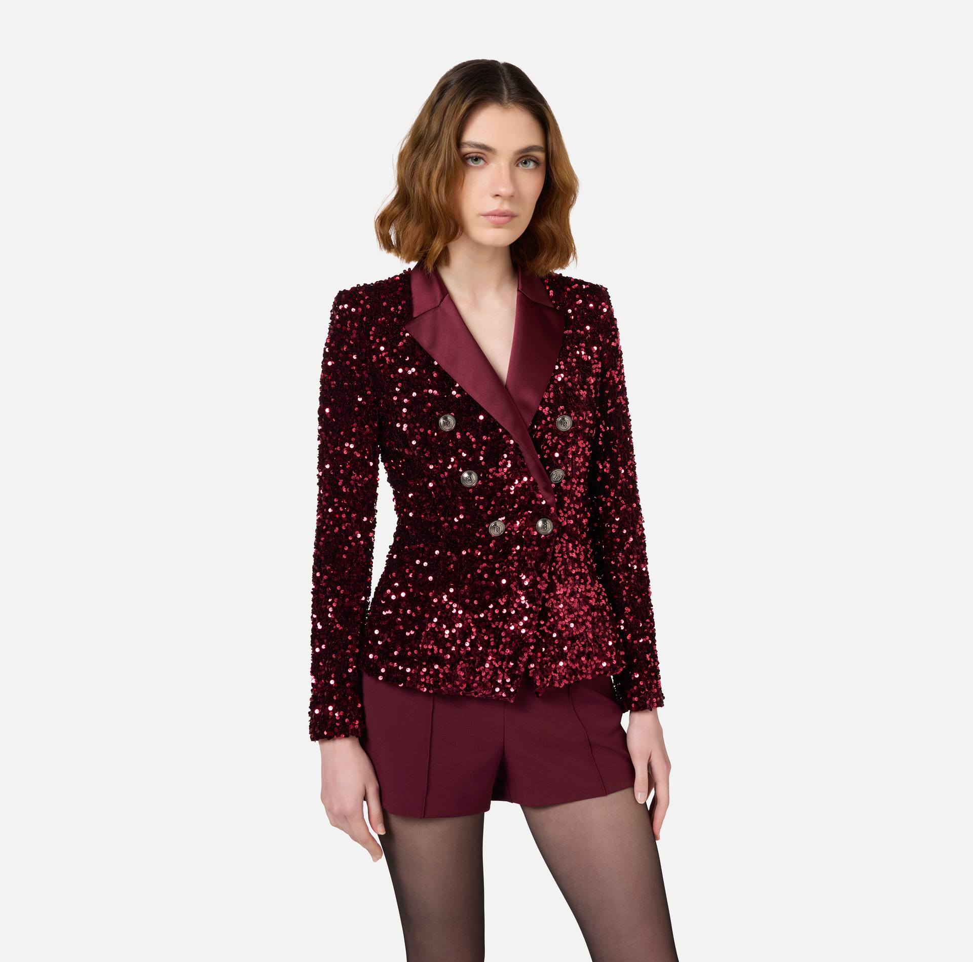 Chenille double-breasted jacket embroidered with sequins | Elisabetta Franchi® Outlet