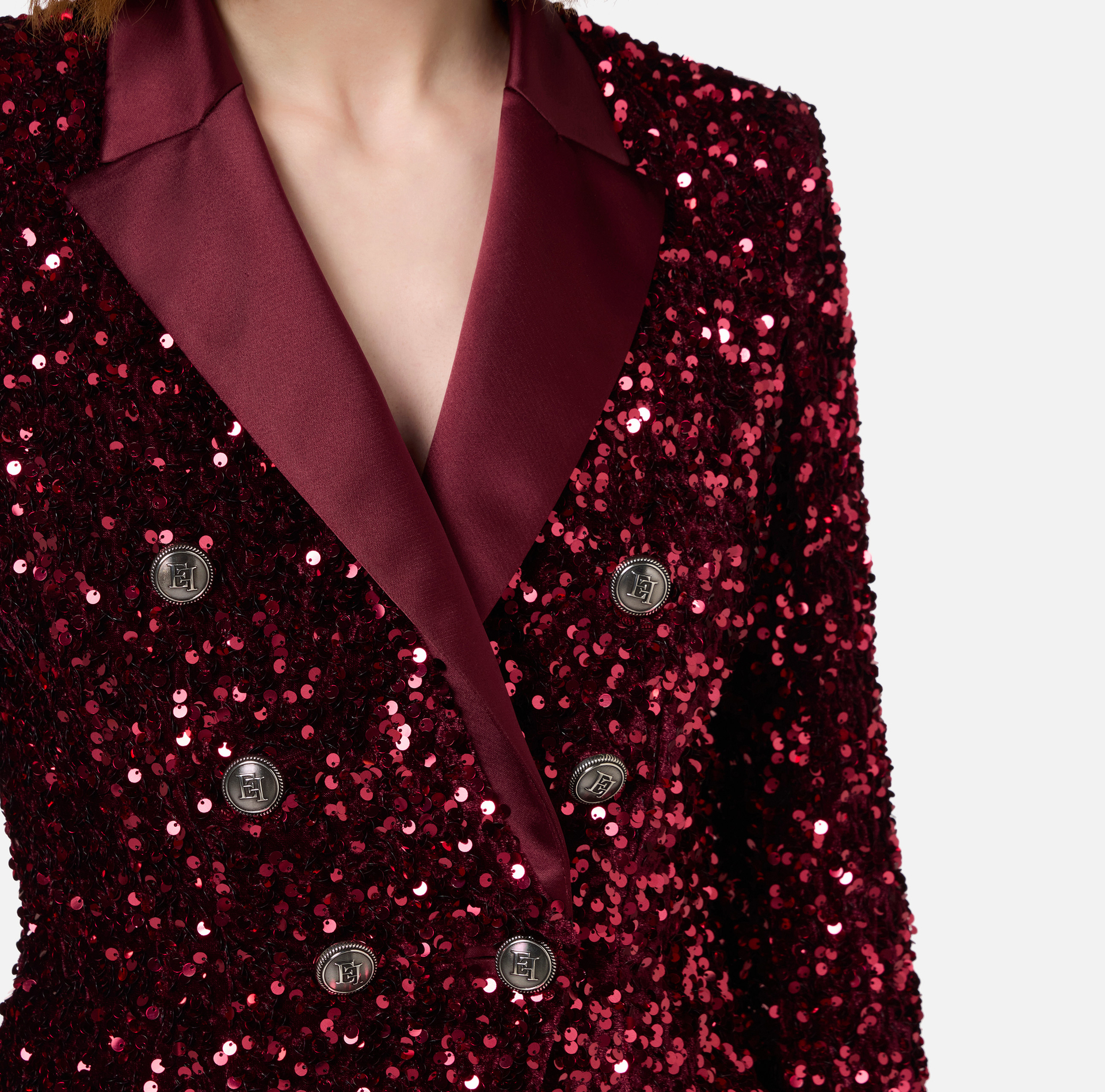 Chenille double-breasted jacket embroidered with sequins | Elisabetta Franchi® Outlet