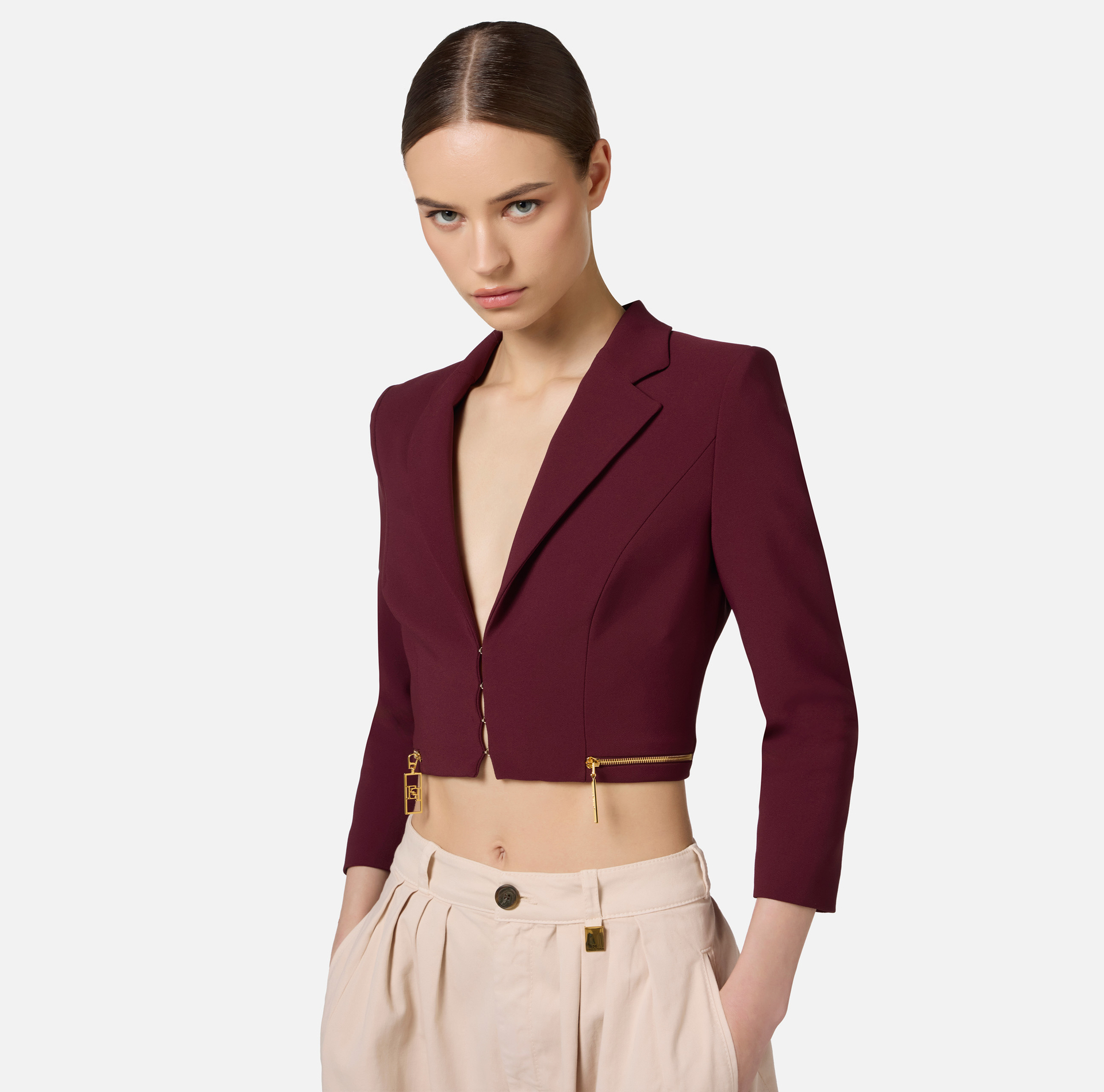 Cropped-Jacke aus Stretch-Crêpe mit Reißverschluss | Elisabetta Franchi® Outlet