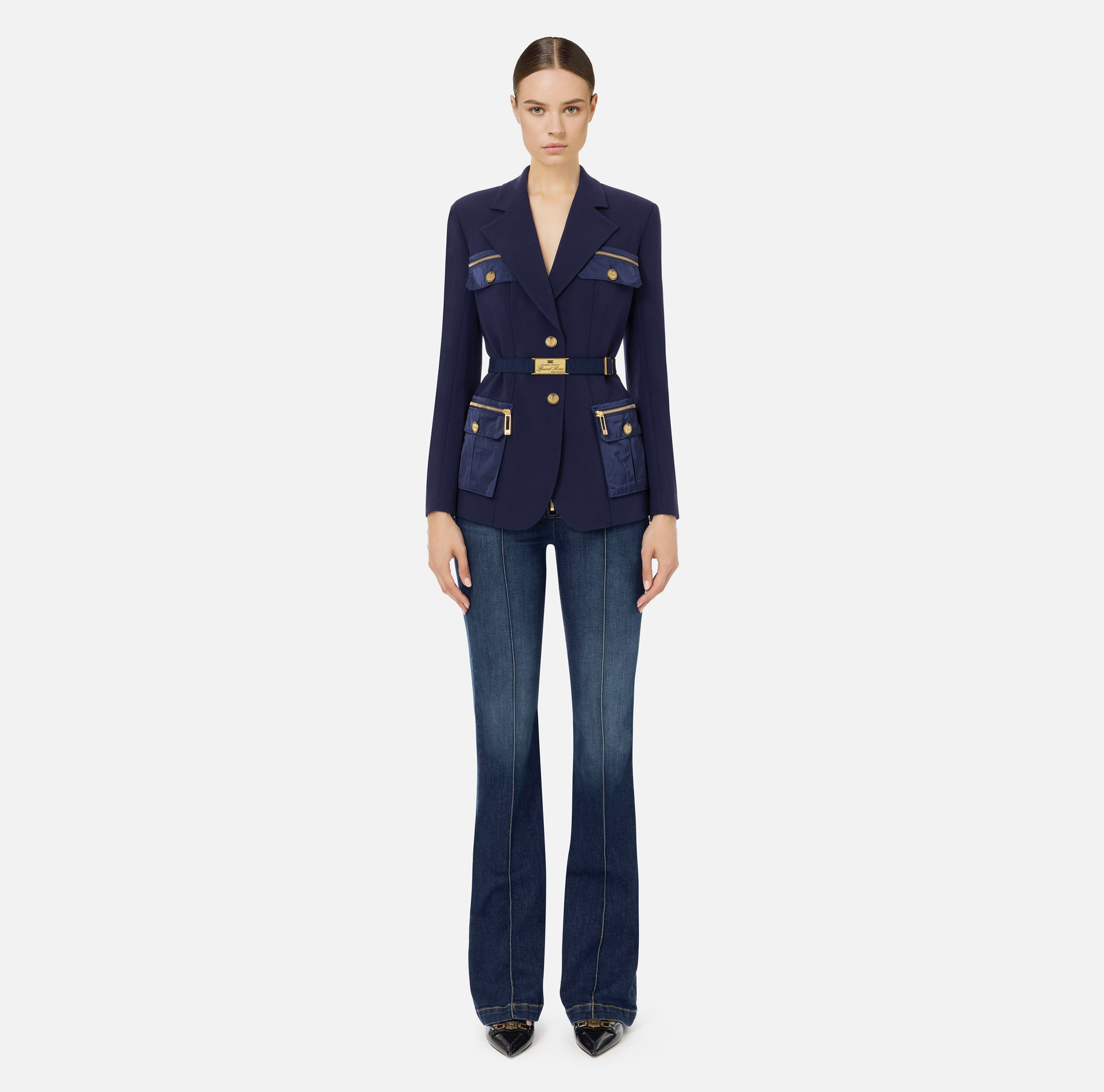 Stretch crêpe jacket with belt and pockets | Elisabetta Franchi® Outlet