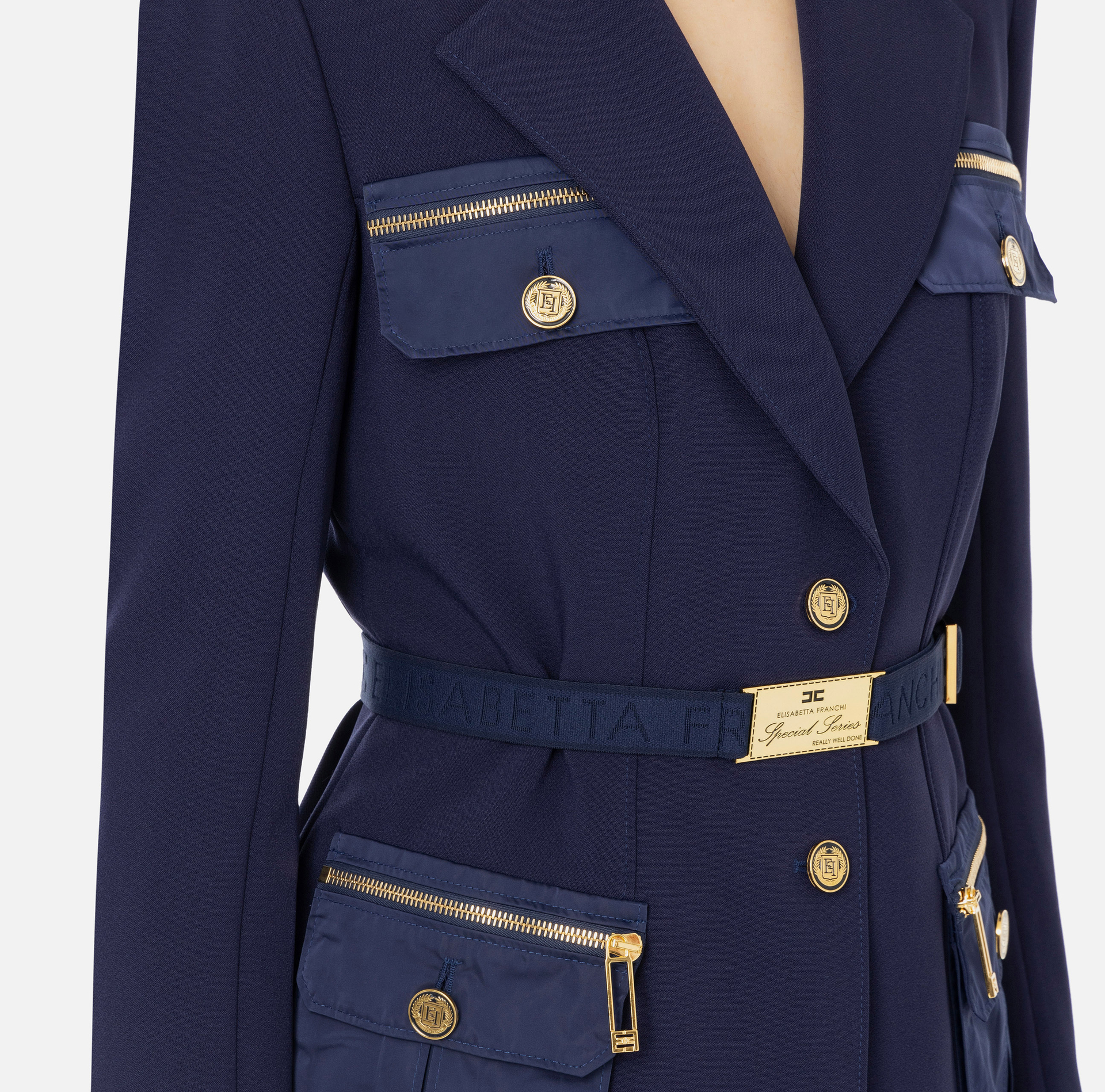 Giacca in crêpe stretch con cintura e tasche - Elisabetta Franchi® Outlet