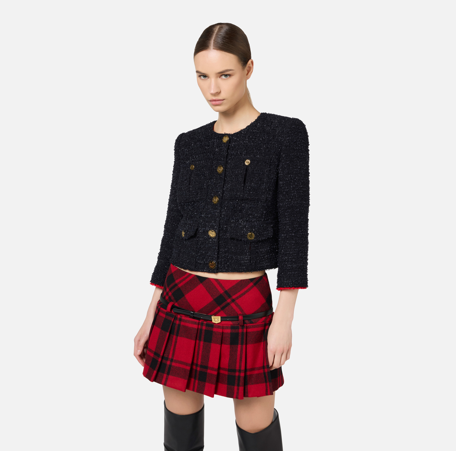 Tweed cropped jacket with pockets | Elisabetta Franchi® Outlet