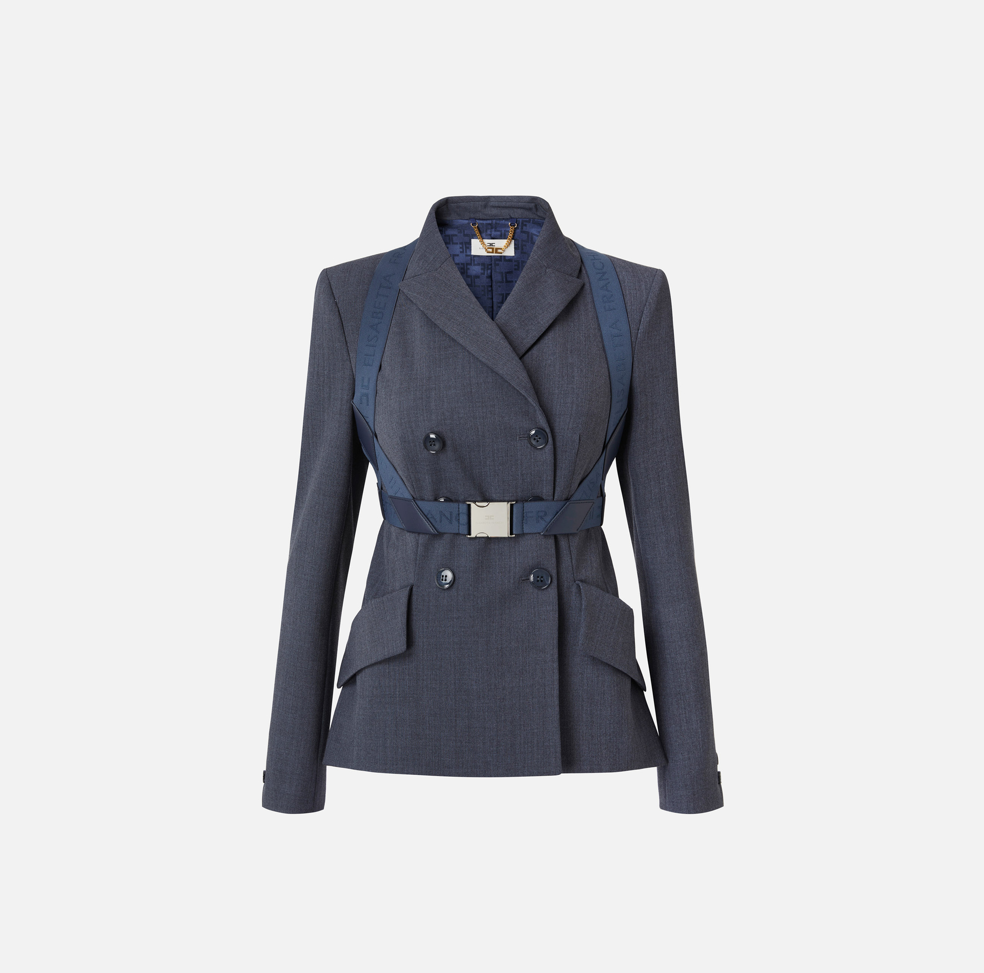 Double-breasted melange cool wool jacket with elastic harness | Elisabetta Franchi® Outlet
