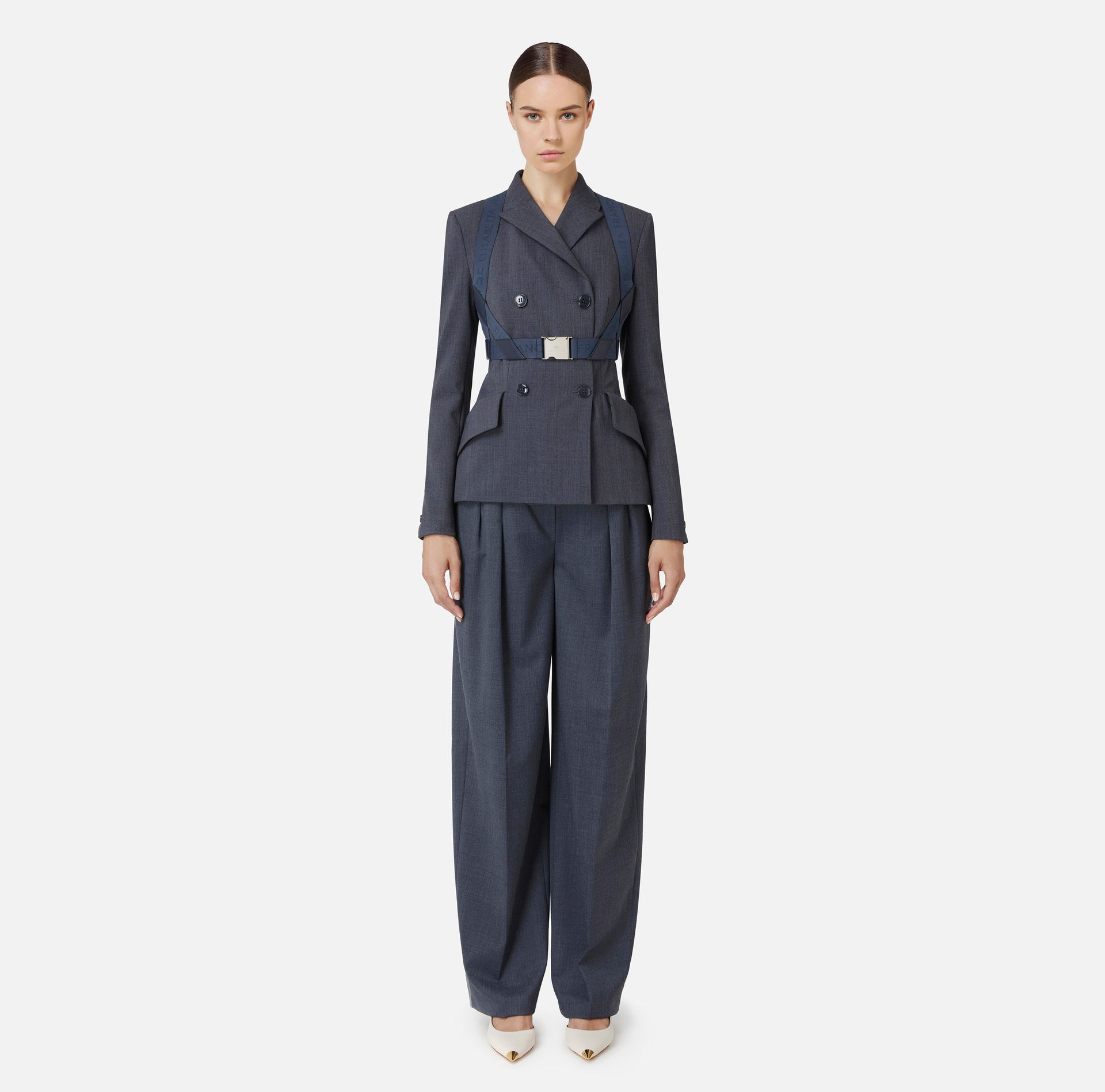 Double-breasted melange cool wool jacket with elastic harness | Elisabetta Franchi® Outlet