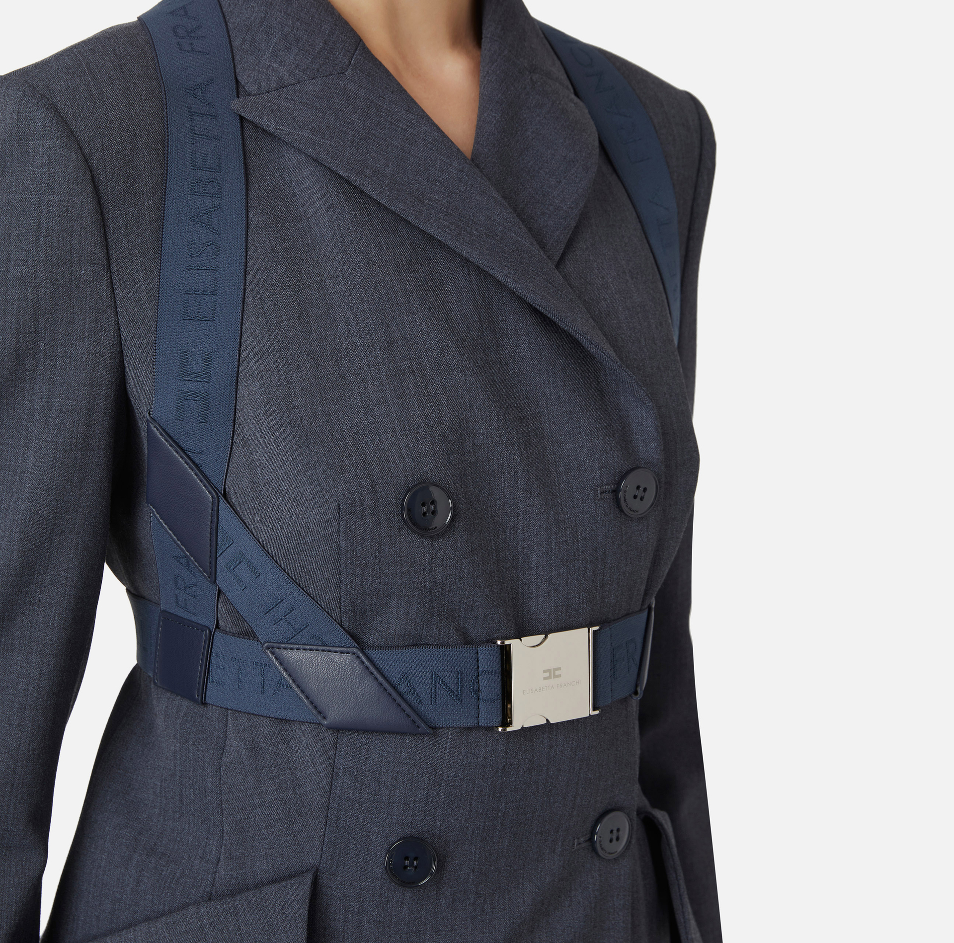 Zweireiher-Jacke aus leichter Wolle in Melange-Optik mit elastischem Harness | Elisabetta Franchi® Outlet