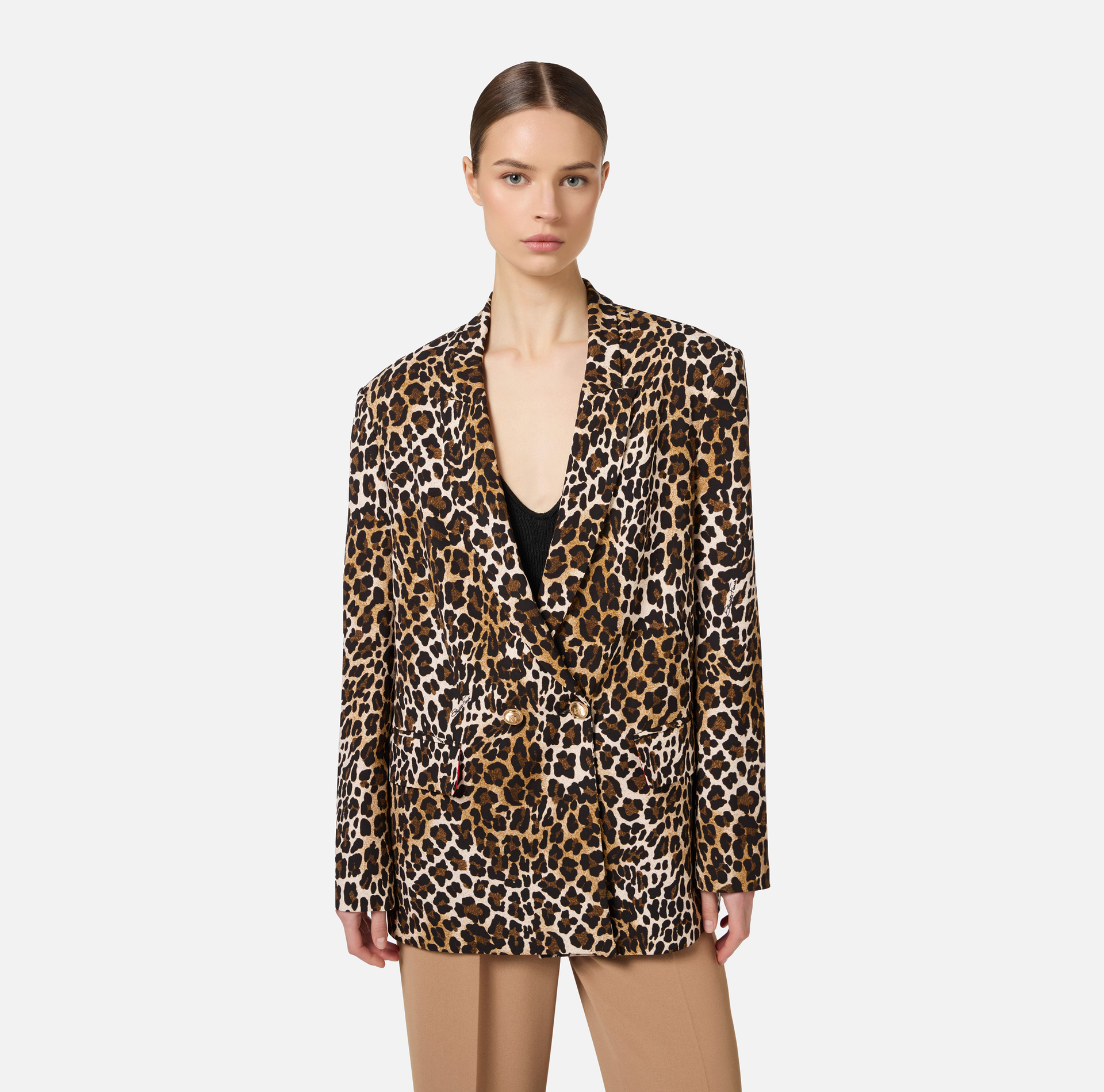 Double-breasted animalier crêpe jacket - Elisabetta Franchi® Outlet