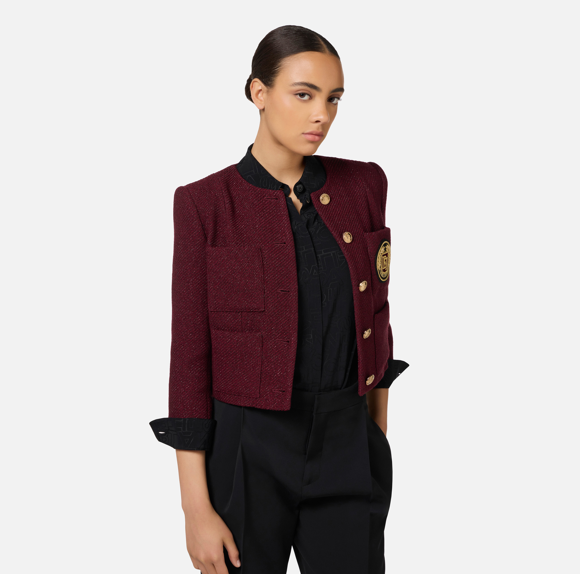Cropped-Jacke aus beschichtetem Tweed mit Taschen | Elisabetta Franchi® Outlet