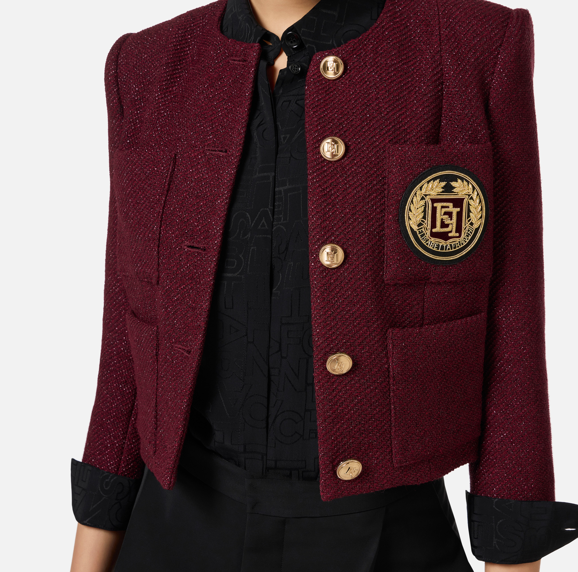 Cropped-Jacke aus beschichtetem Tweed mit Taschen | Elisabetta Franchi® Outlet