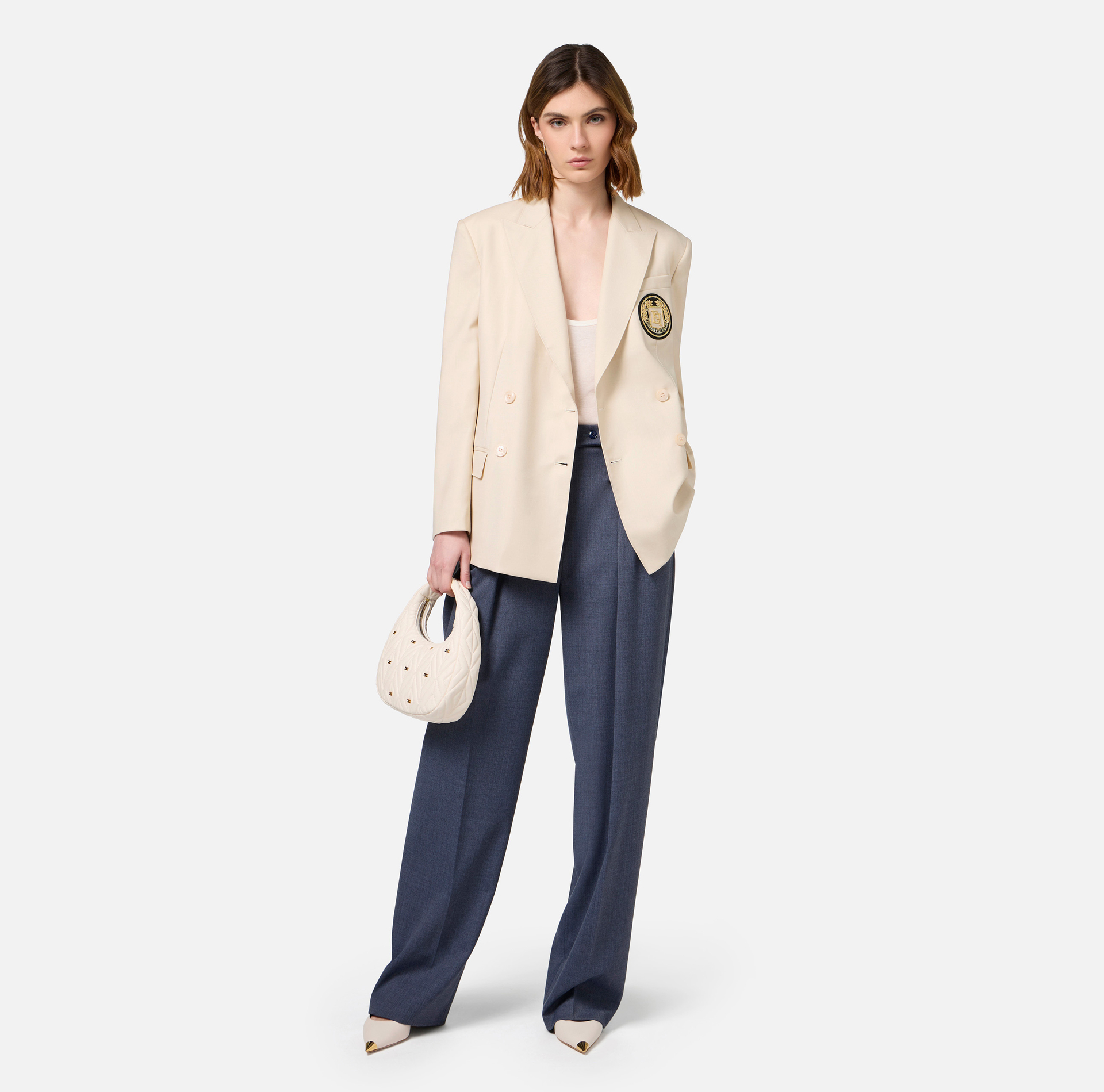 Cool wool double-breasted jacket with patch | Elisabetta Franchi® Outlet