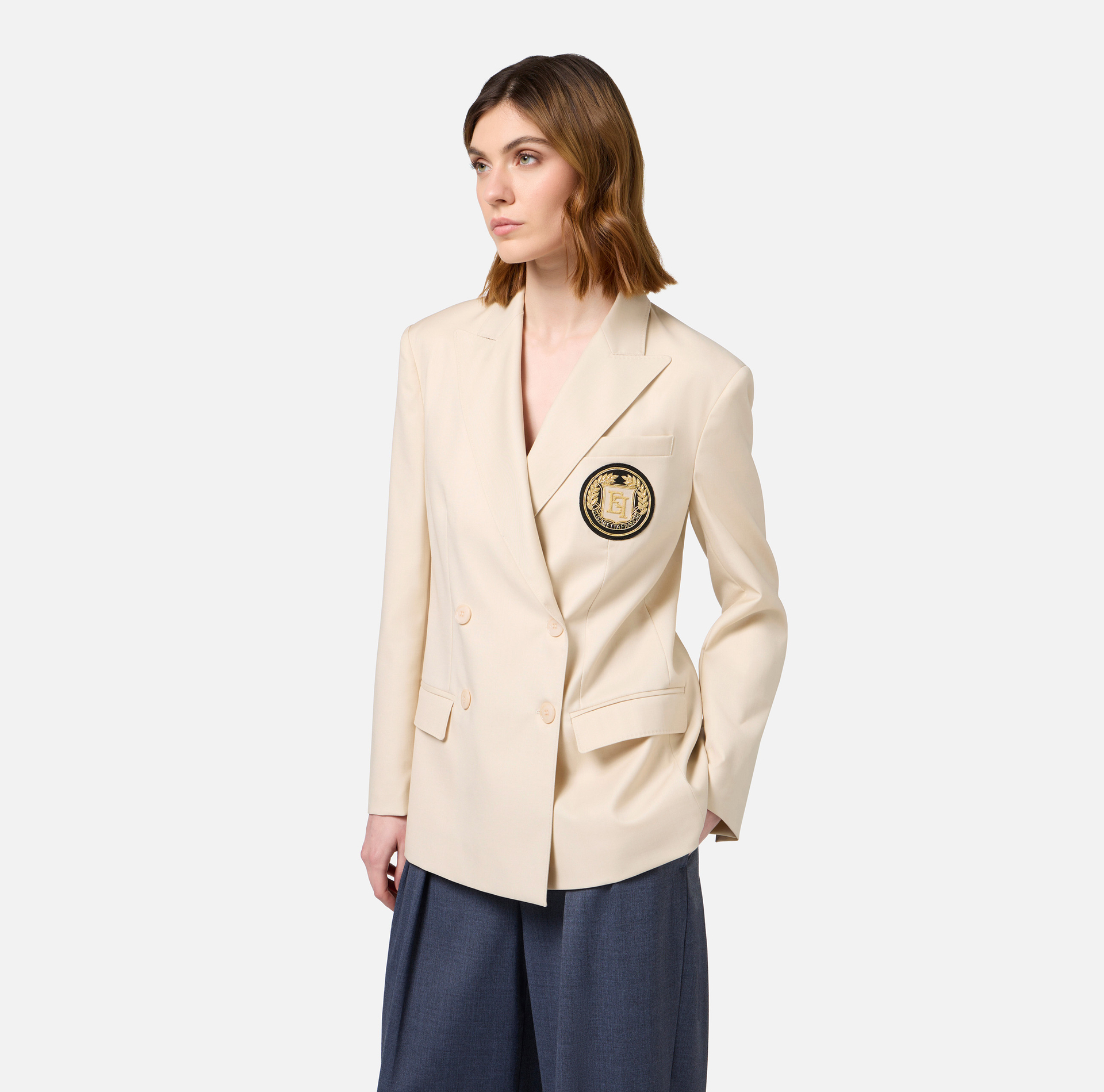 Giacca doppiopetto in fresco di lana con patch - Elisabetta Franchi® Outlet