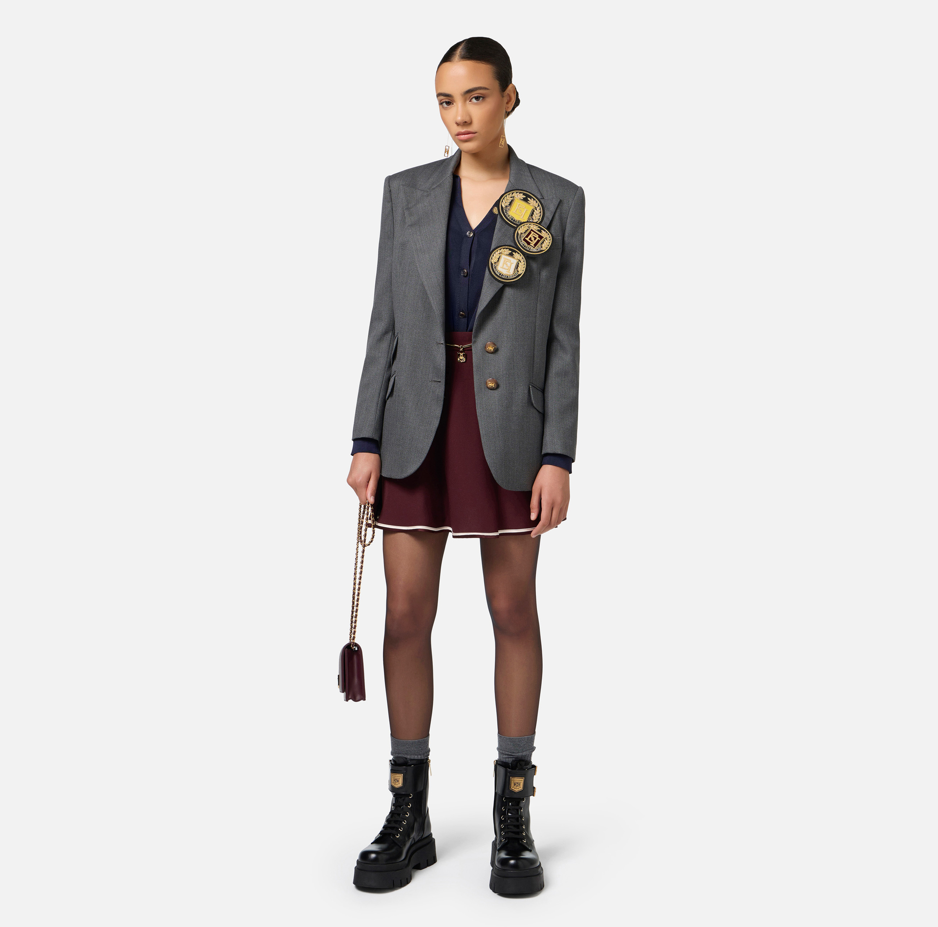 Cool wool single-breasted jacket with patch | Elisabetta Franchi® Outlet