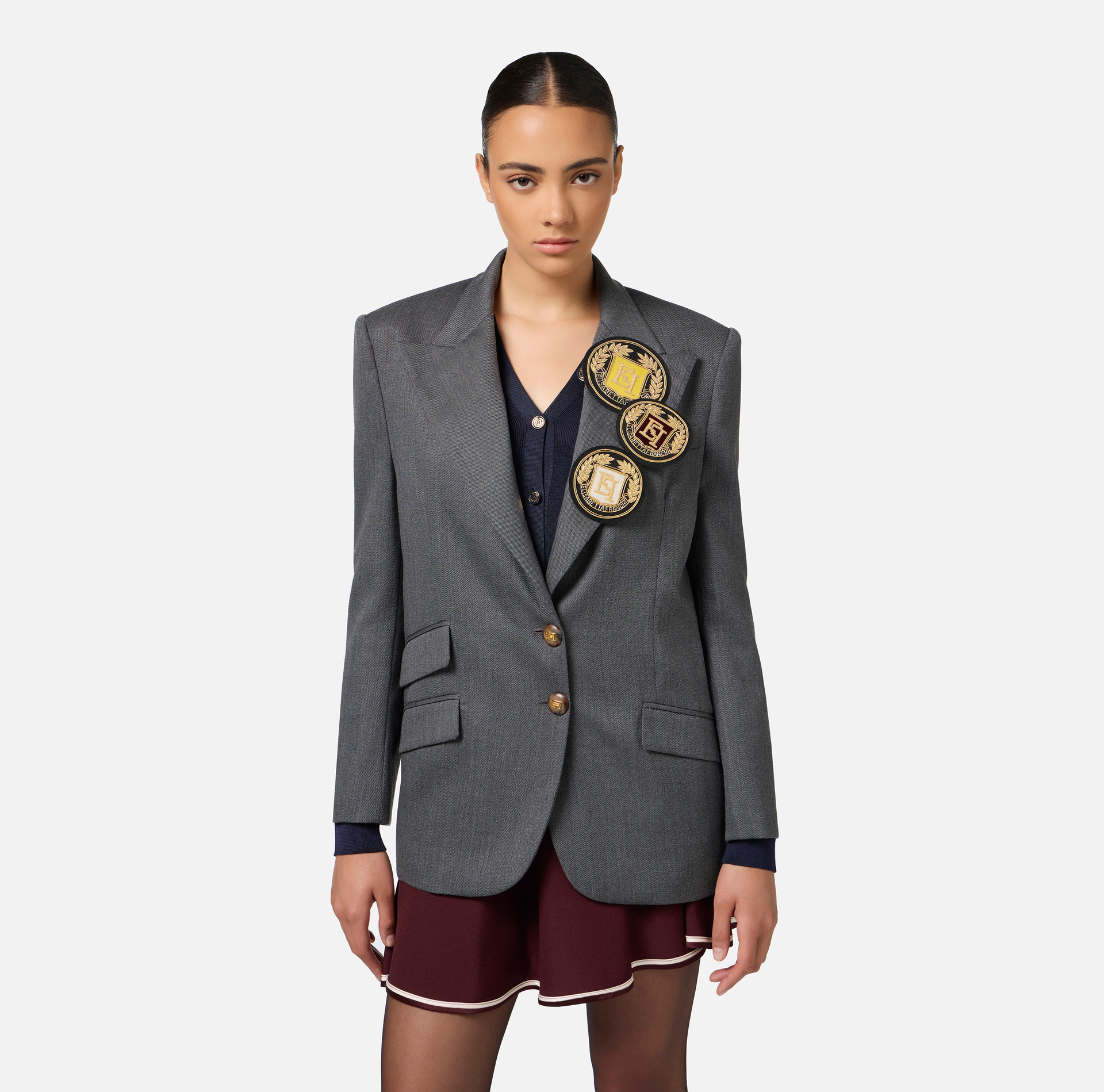 Chaqueta con cierre recto de lana fría con parche - Elisabetta Franchi® Outlet