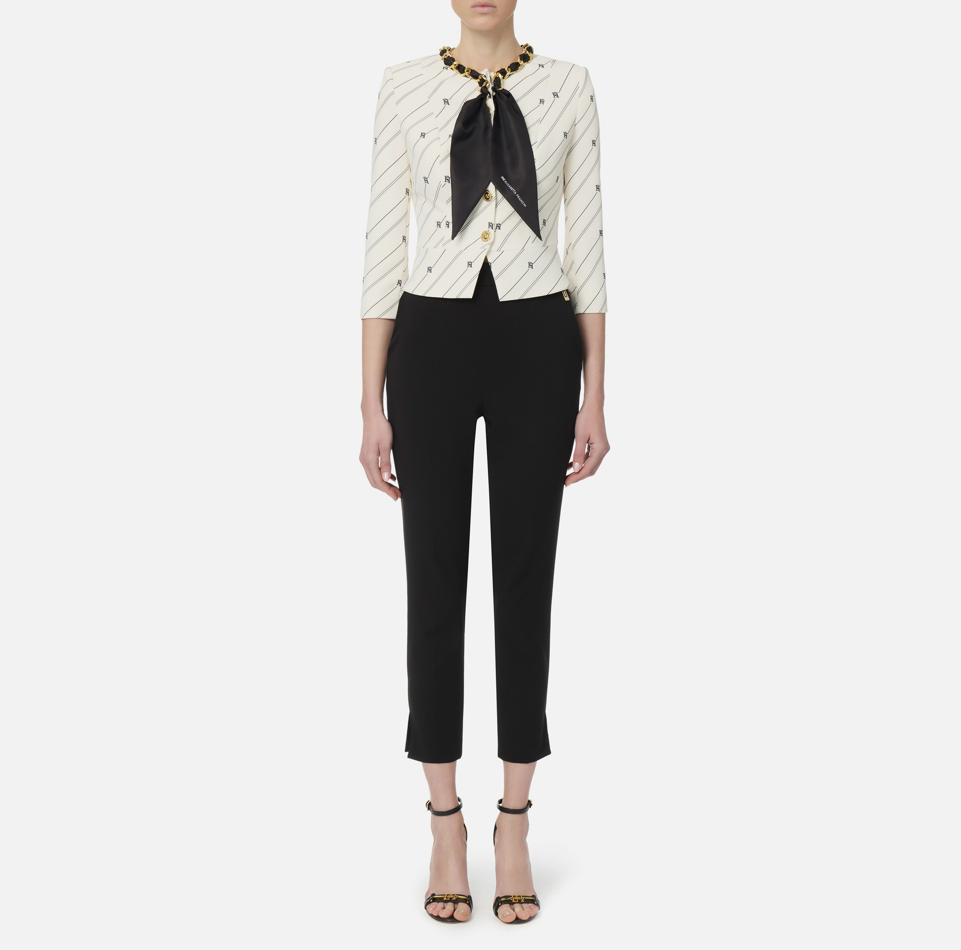 Giacca in crêpe stampa logo con catena foulard - Elisabetta Franchi® Outlet