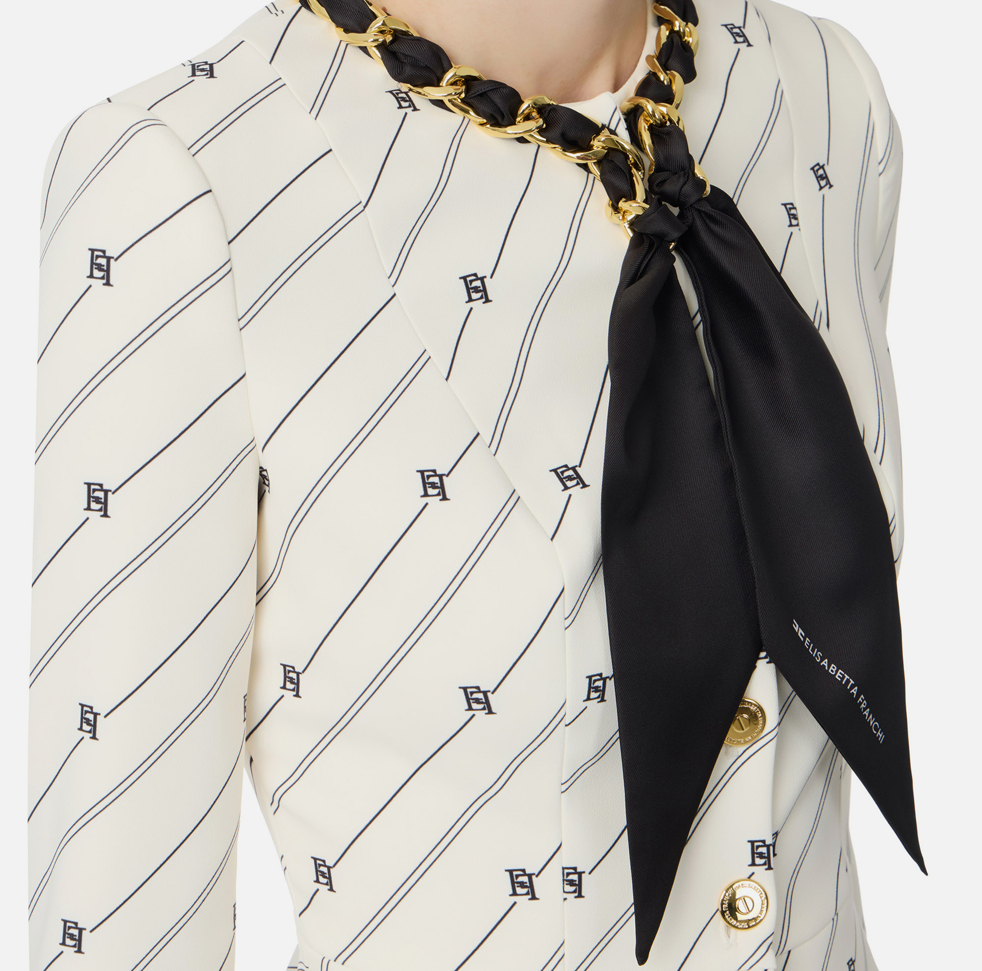 Giacca in crêpe stampa logo con catena foulard - Elisabetta Franchi® Outlet